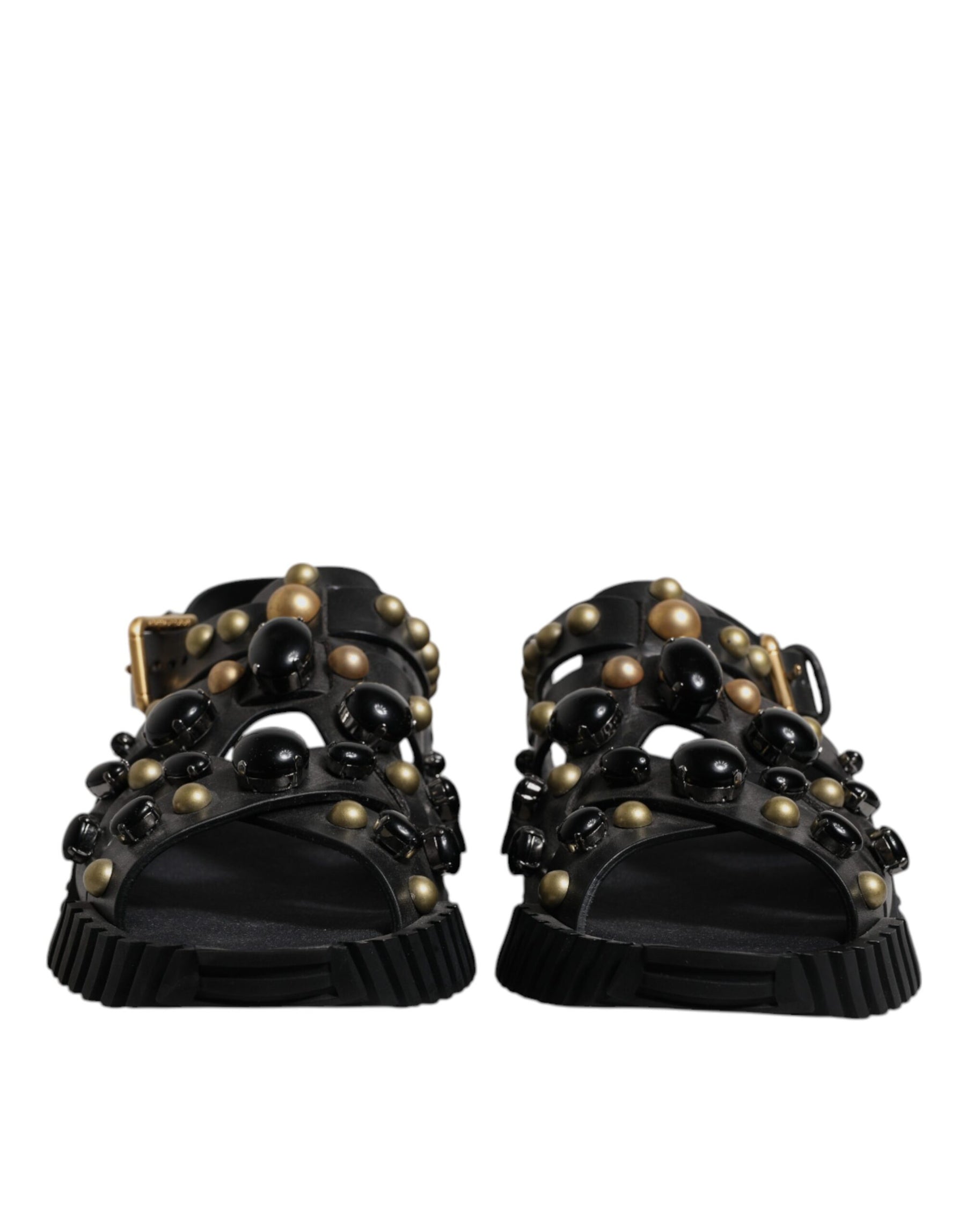 Dolce & Gabbana Black Leather Studded Slides Sandals Shoes | Regal Royce