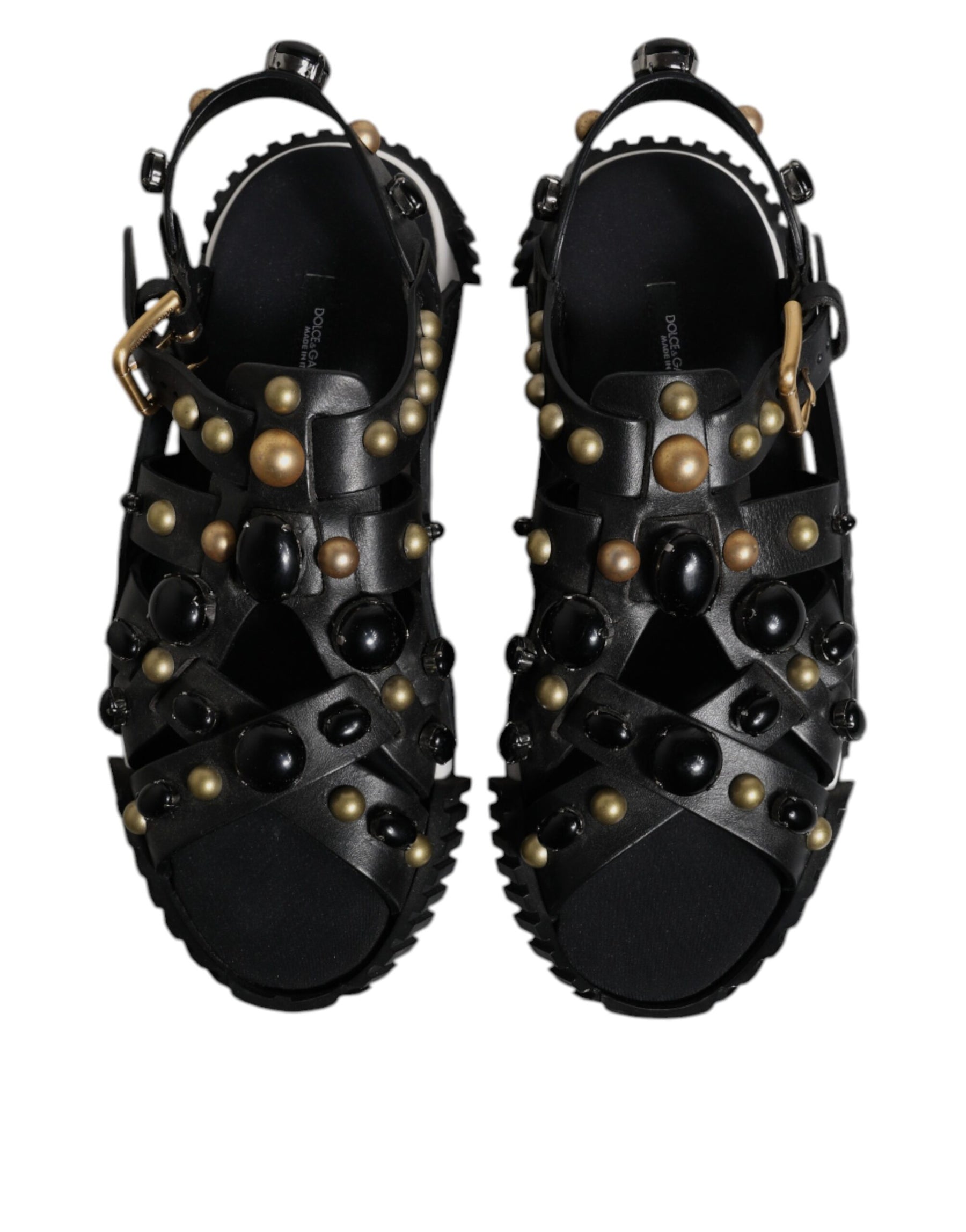 Dolce & Gabbana Black Leather Studded Slides Sandals Shoes | Regal Royce