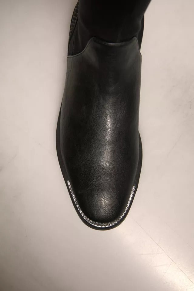 MY TWIN Black Leather Suede Flats High Boots Shoes | Regal Royce