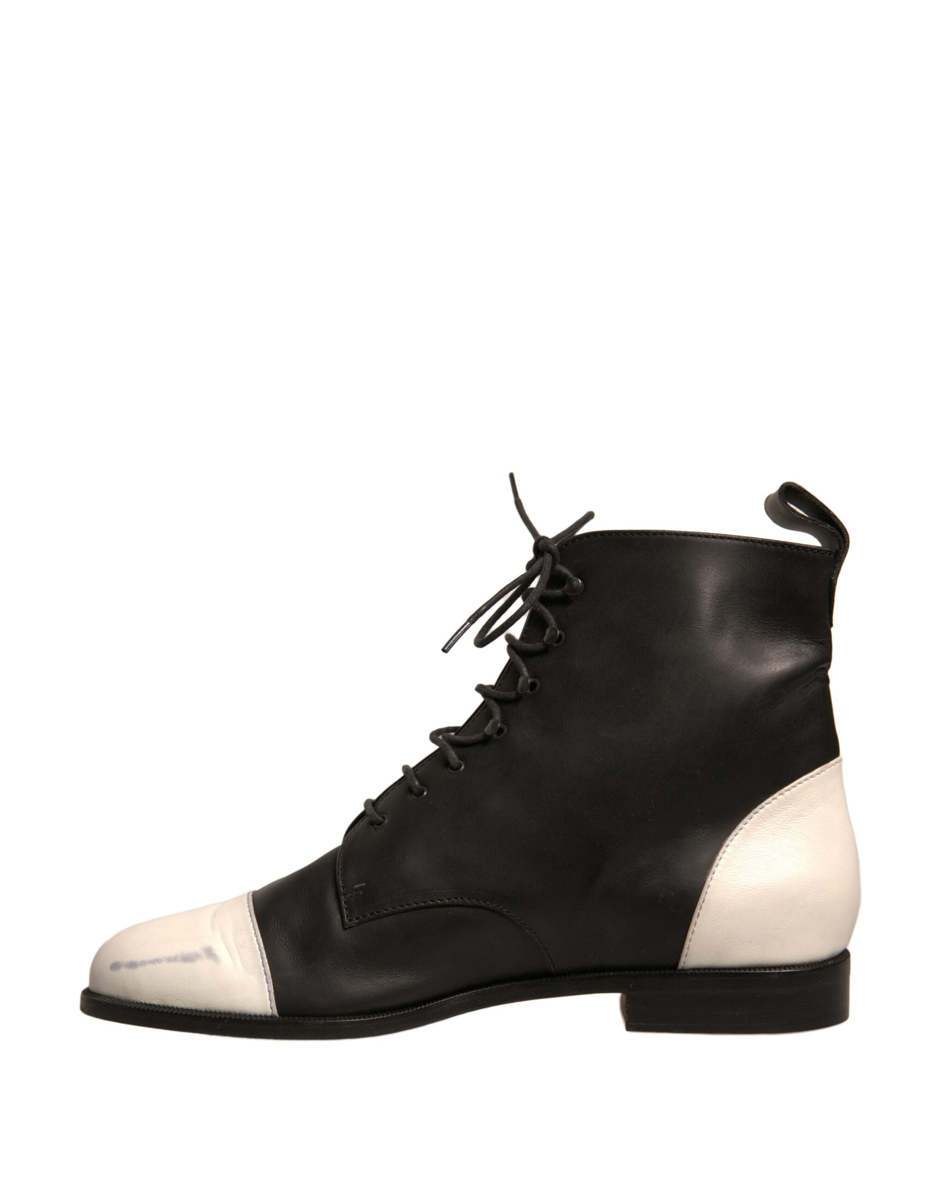 Sergio Rossi Black White Leather Lace Up Flats Ankle Boots Shoes | Regal Royce