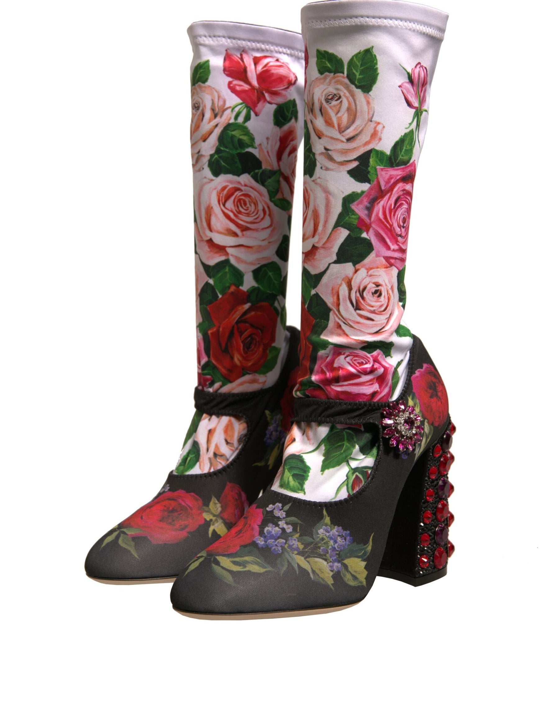 Dolce & Gabbana Black Floral Socks Crystal Boots Jersey Shoes | Regal Royce