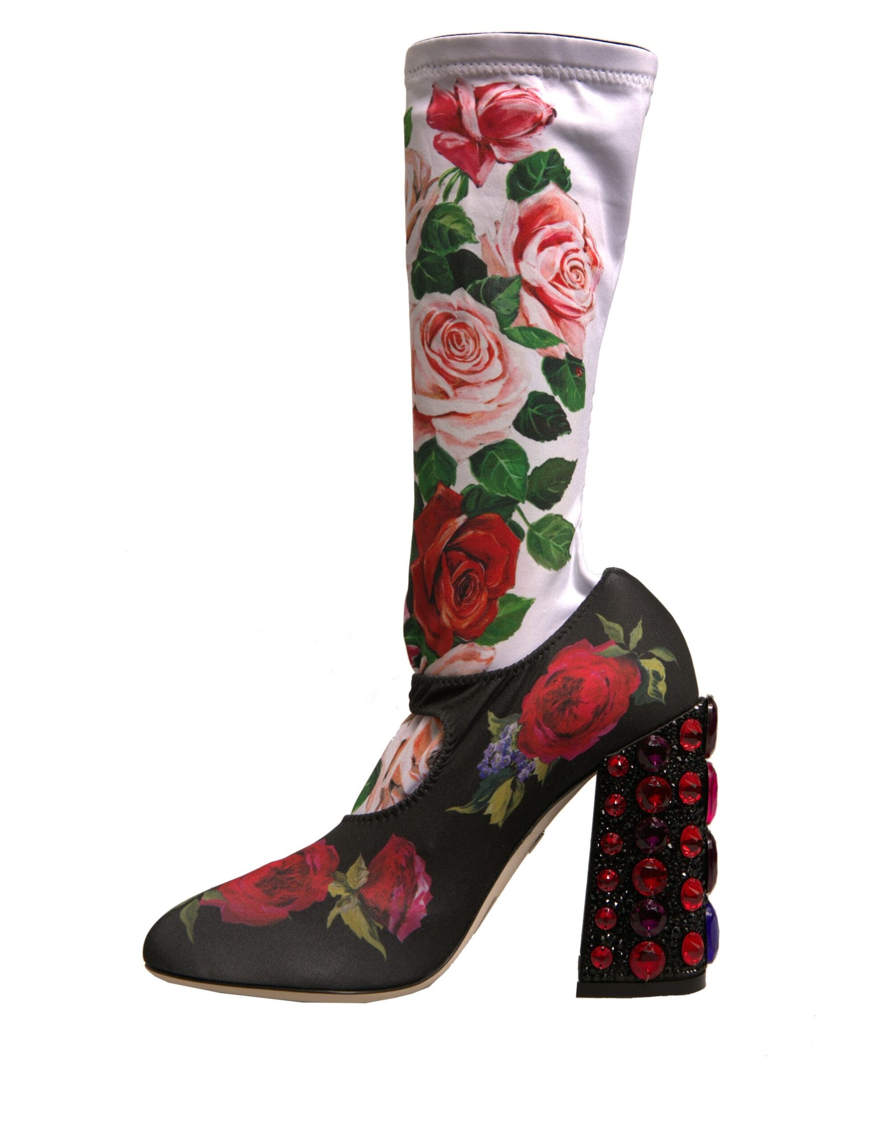 Dolce & Gabbana Black Floral Socks Crystal Boots Jersey Shoes | Regal Royce