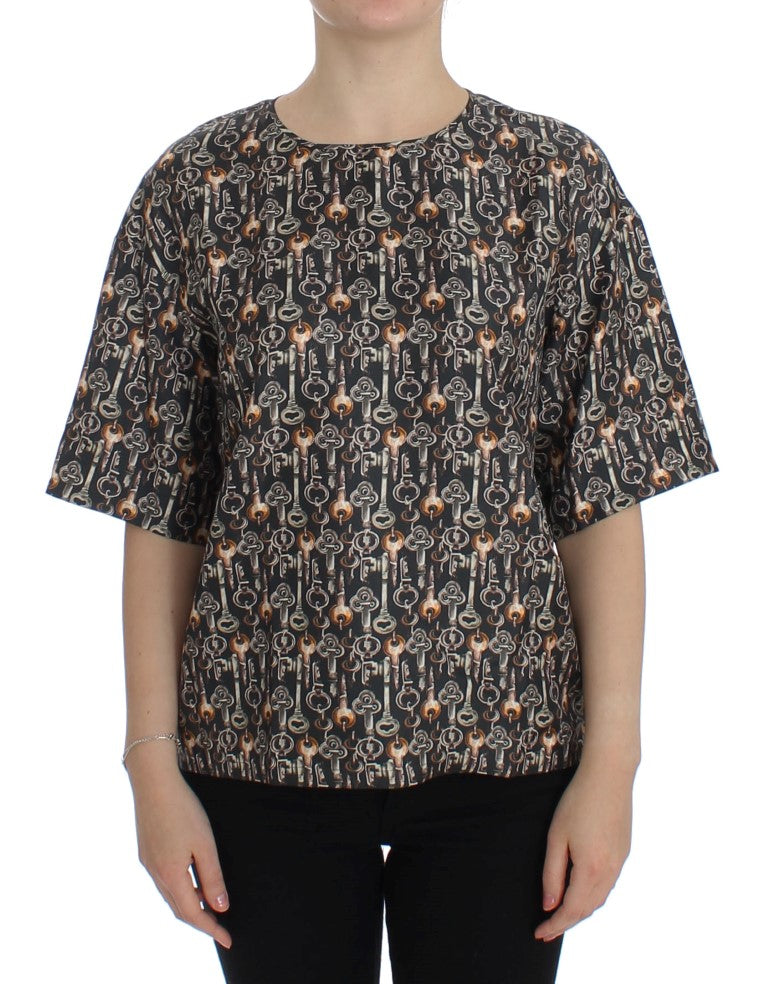 Dolce & Gabbana Gray Gold Key Print Silk Blouse T-shirt | Regal Royce