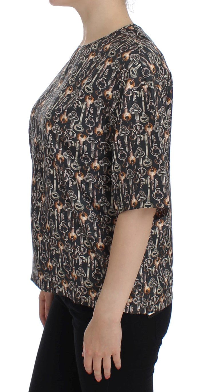 Dolce & Gabbana Gray Gold Key Print Silk Blouse T-shirt | Regal Royce