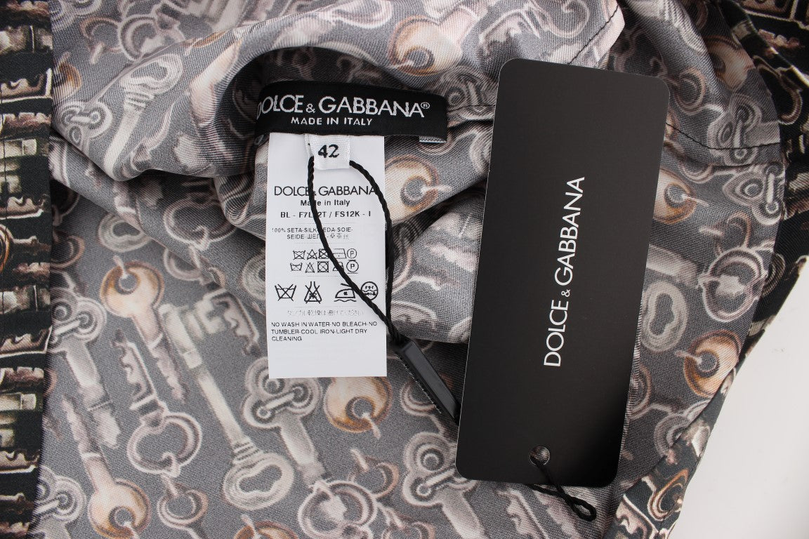 Dolce & Gabbana Gray Gold Key Print Silk Blouse T-shirt | Regal Royce