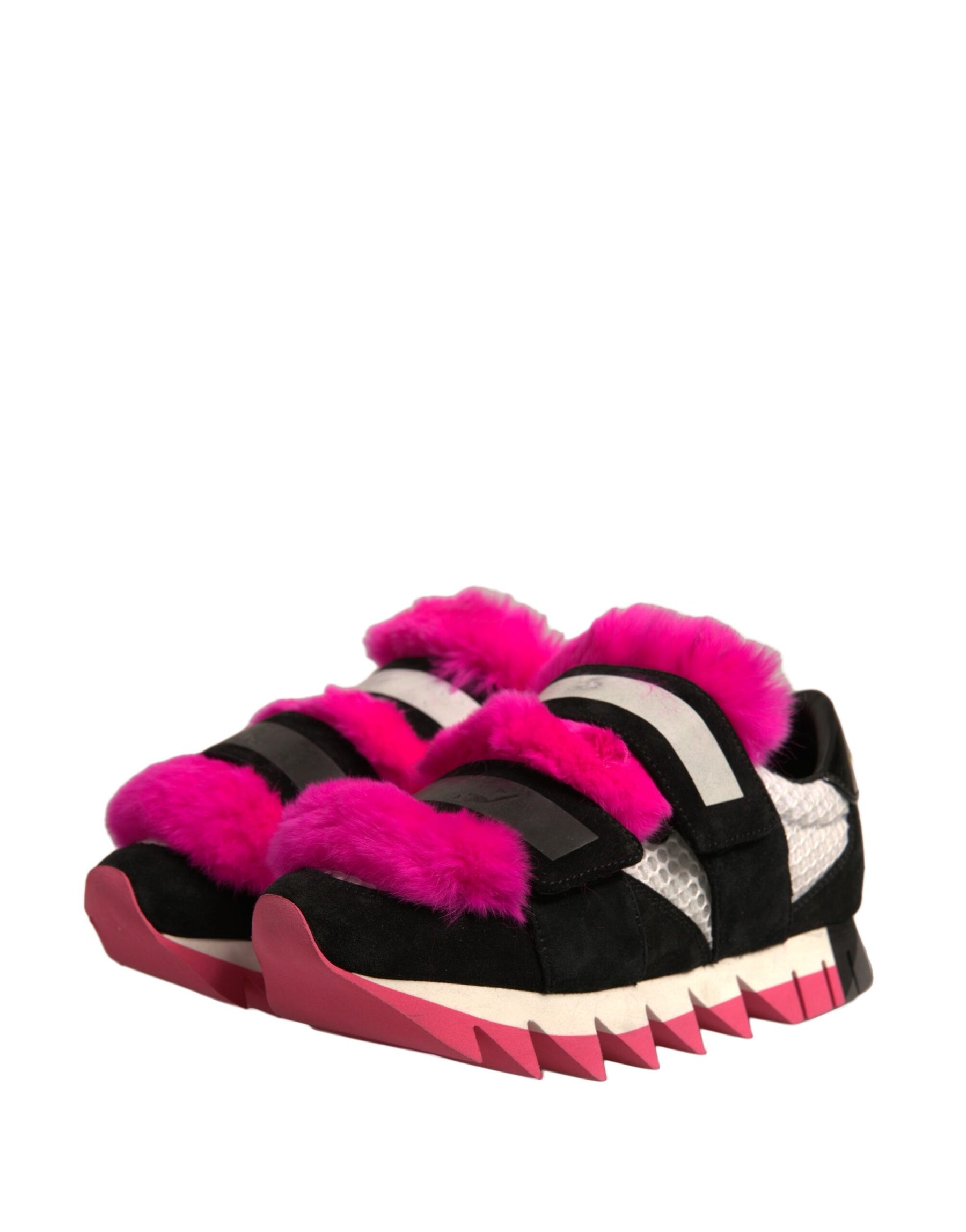 Dolce & Gabbana Black Pink Fur Embellished Sneakers Shoes | Regal Royce