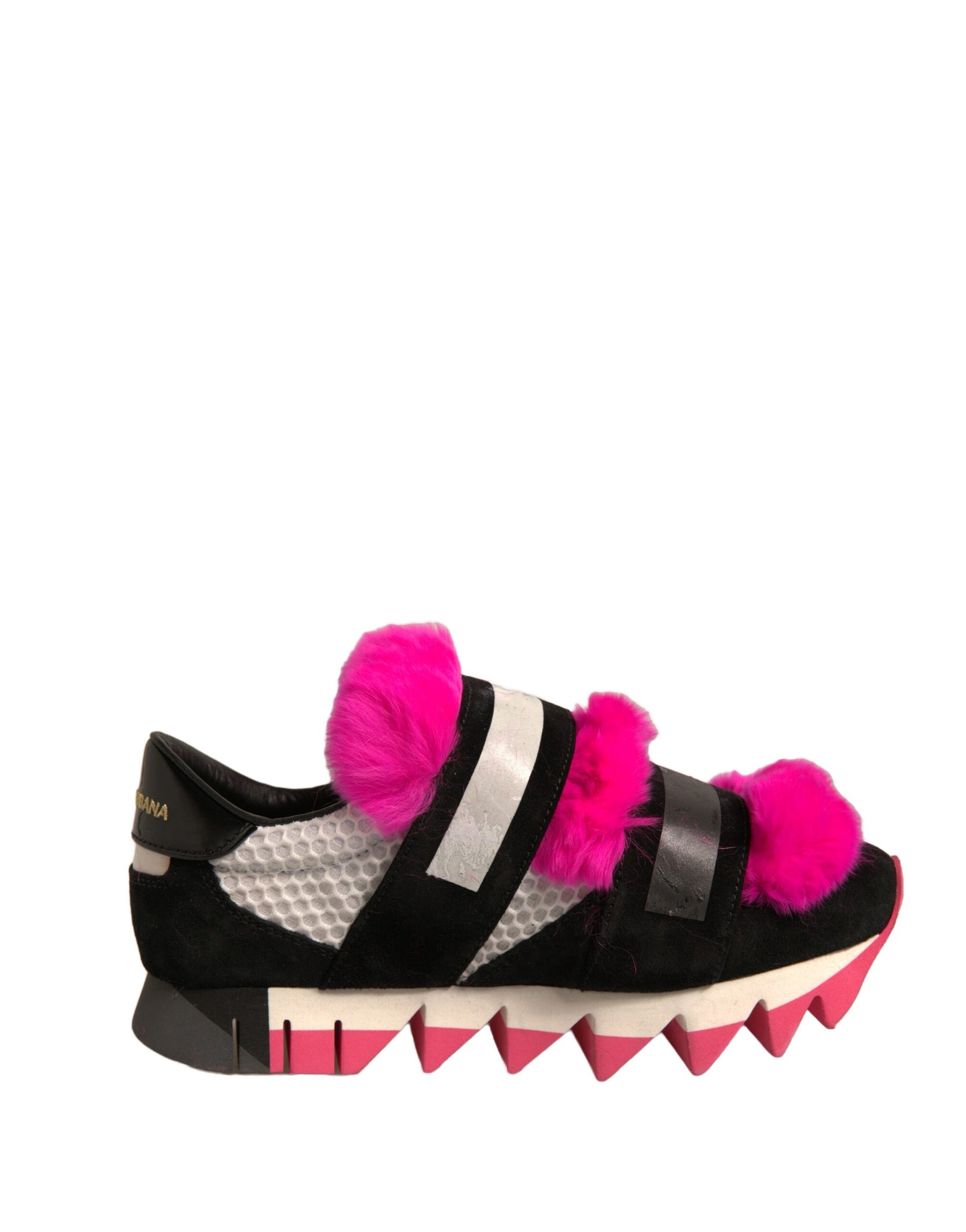 Dolce & Gabbana Black Pink Fur Embellished Sneakers Shoes | Regal Royce