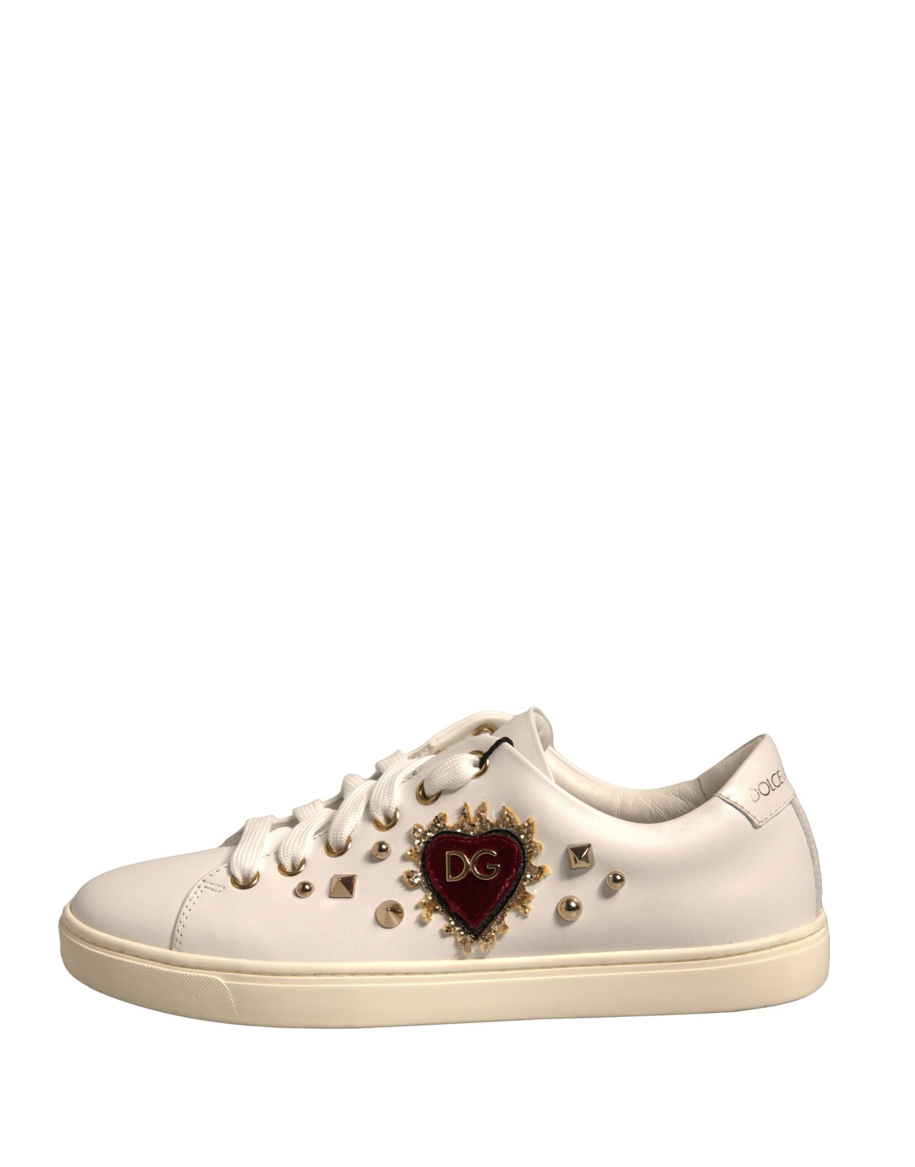 Dolce & Gabbana White Leather Gold Red Heart Sneakers Shoes | Regal Royce