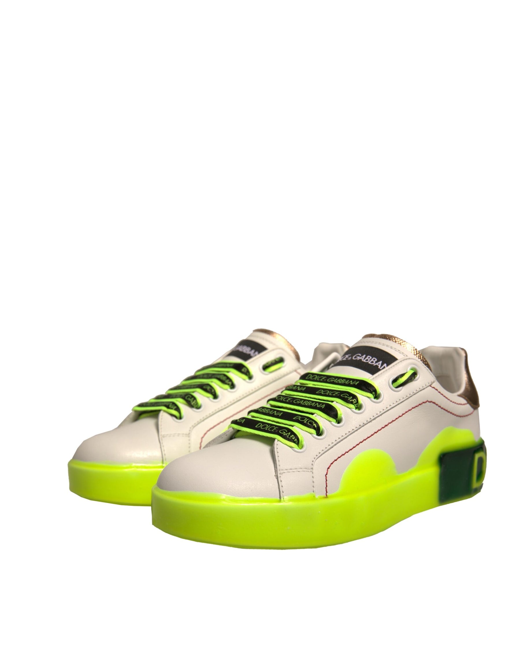 Dolce & Gabbana White Yellow Portofino Leather Sneakers Shoes | Regal Royce