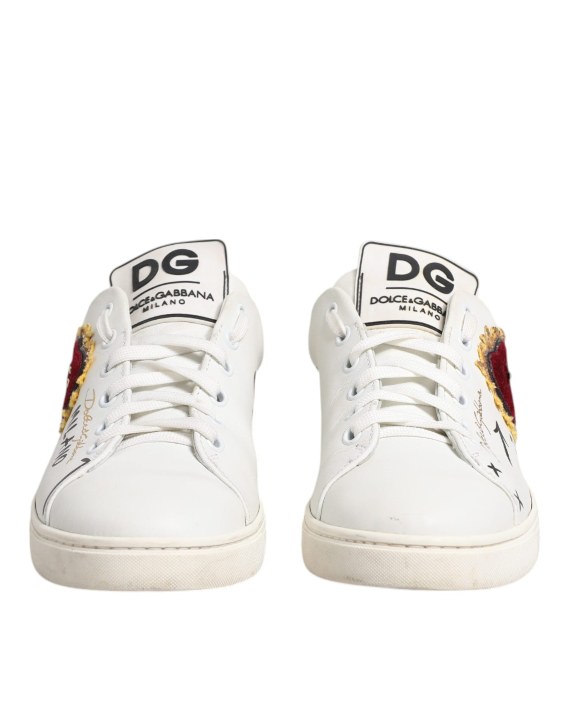 Dolce & Gabbana White Leather Heart Embellished Sneakers Shoes | Regal Royce
