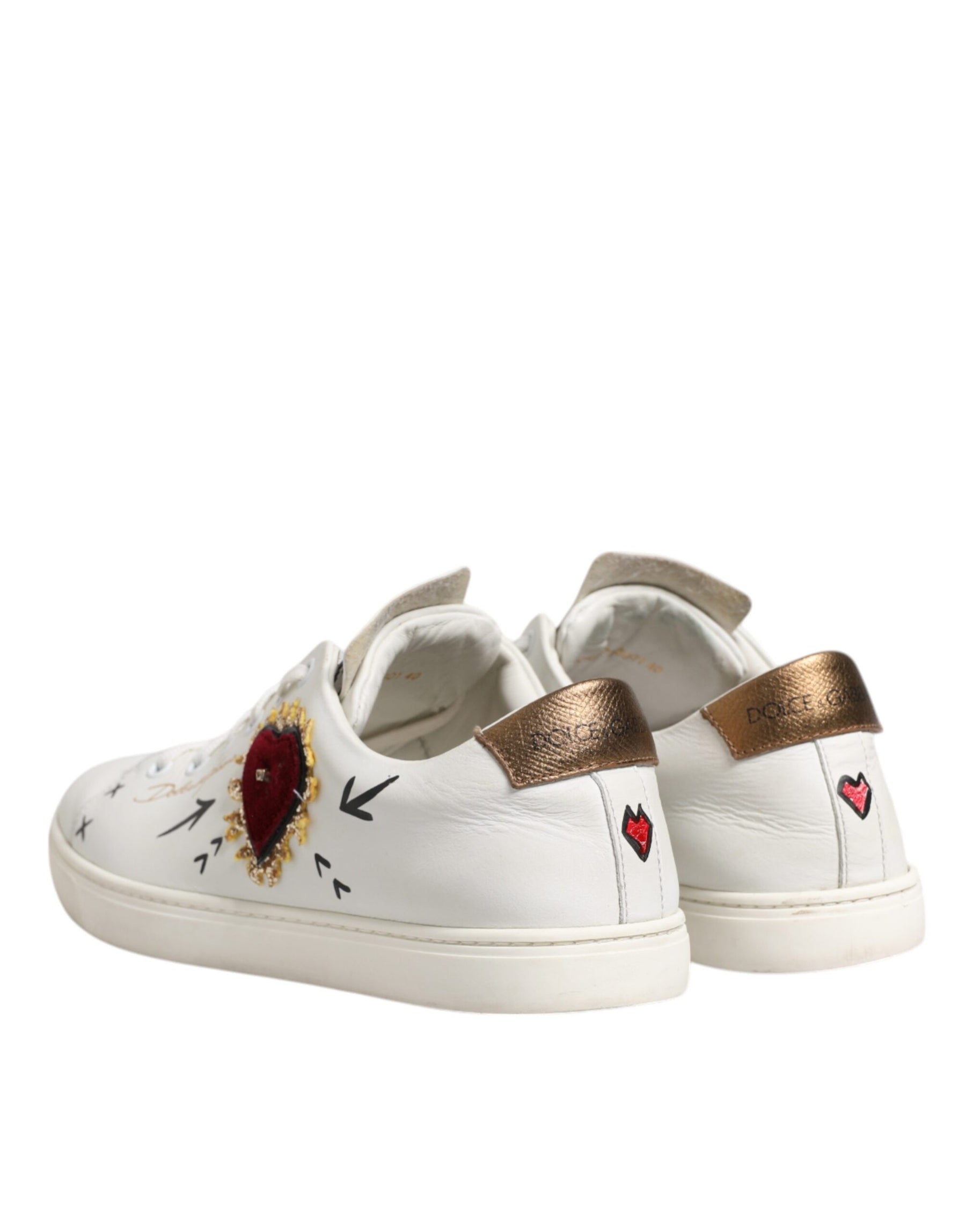 Dolce & Gabbana White Leather Heart Embellished Sneakers Shoes | Regal Royce