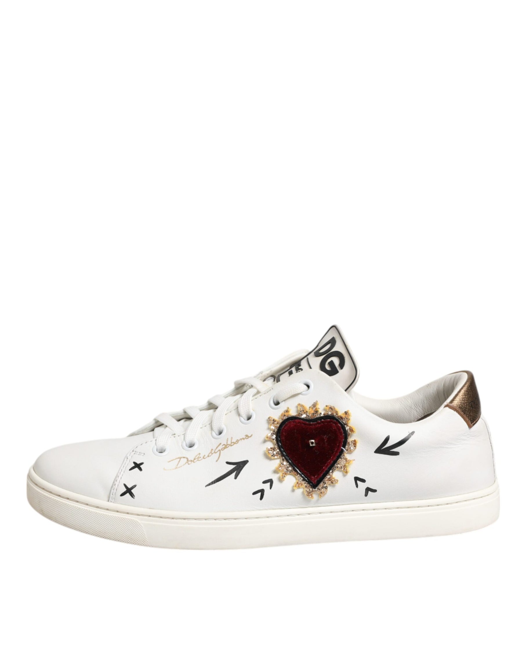 Dolce & Gabbana White Leather Heart Embellished Sneakers Shoes | Regal Royce
