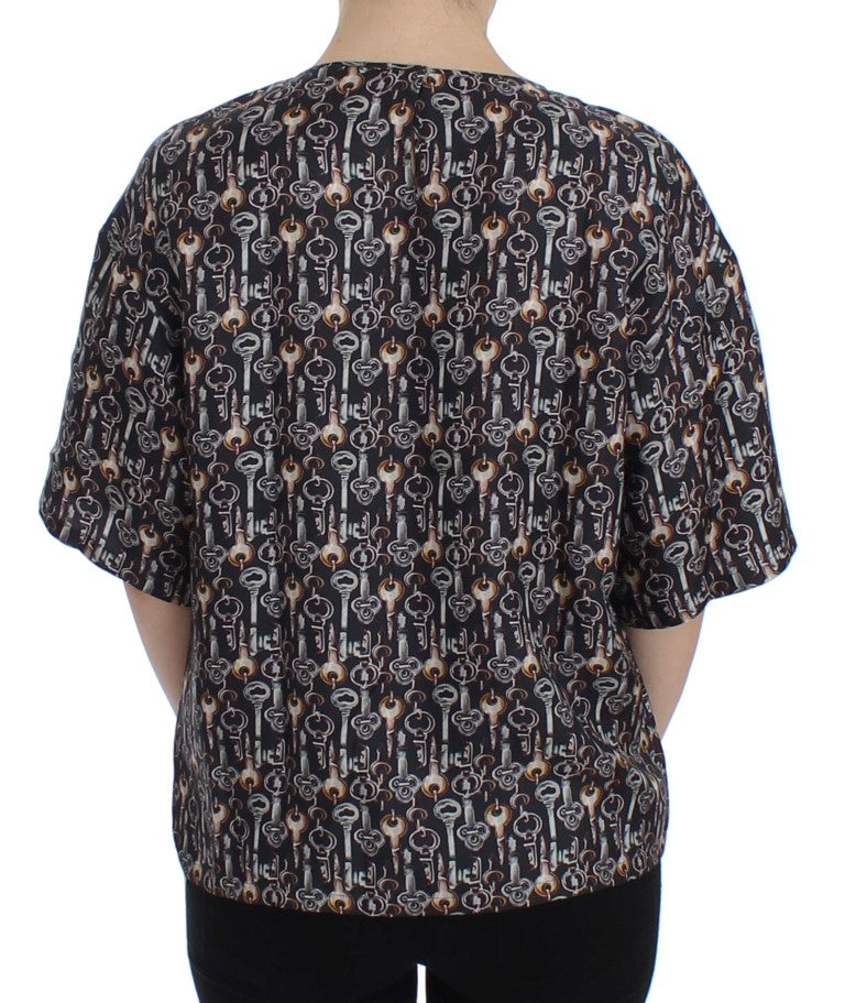 Dolce & Gabbana Gray Gold Key Print Silk Blouse T-shirt | Regal Royce