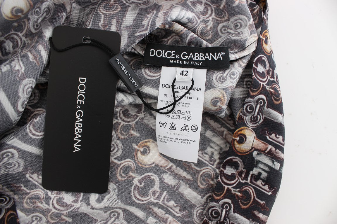 Dolce & Gabbana Gray Gold Key Print Silk Blouse T-shirt | Regal Royce