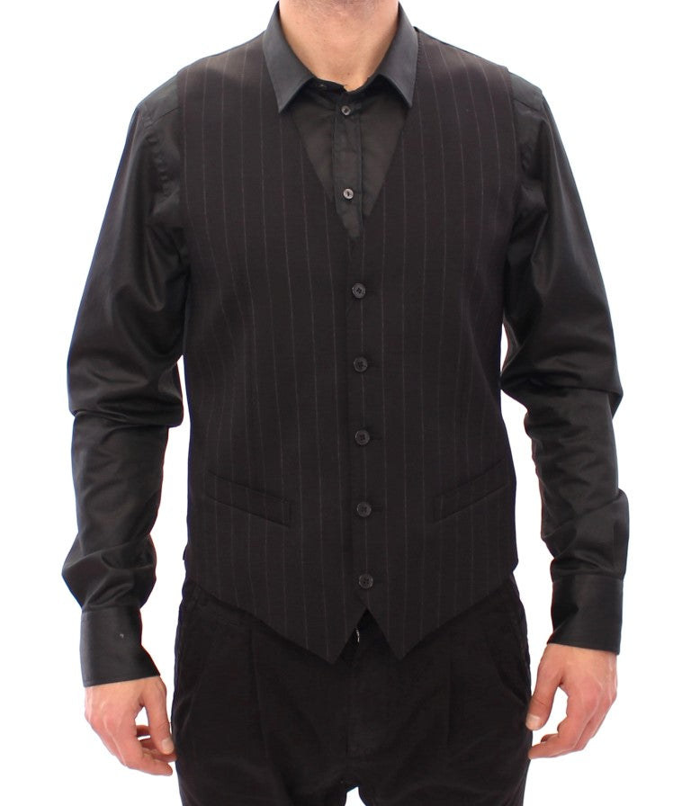 Dolce & Gabbana Black Striped Wool Logo Vest | Regal Royce