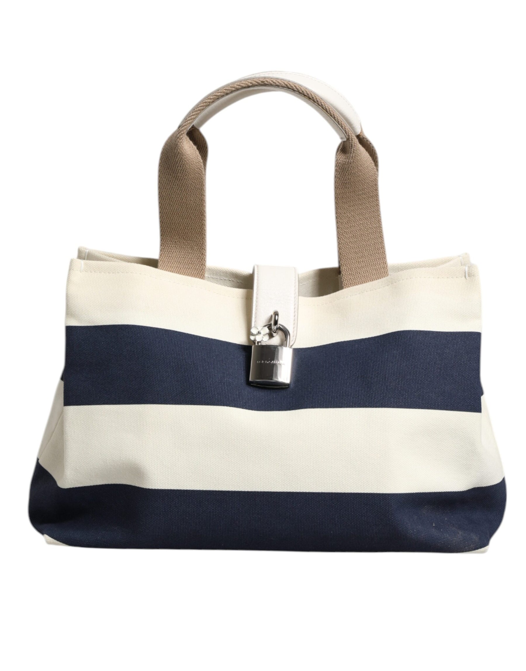 Dolce & Gabbana White Navy Striped Canvas Top Handle Tote Tote Bag | Regal Royce