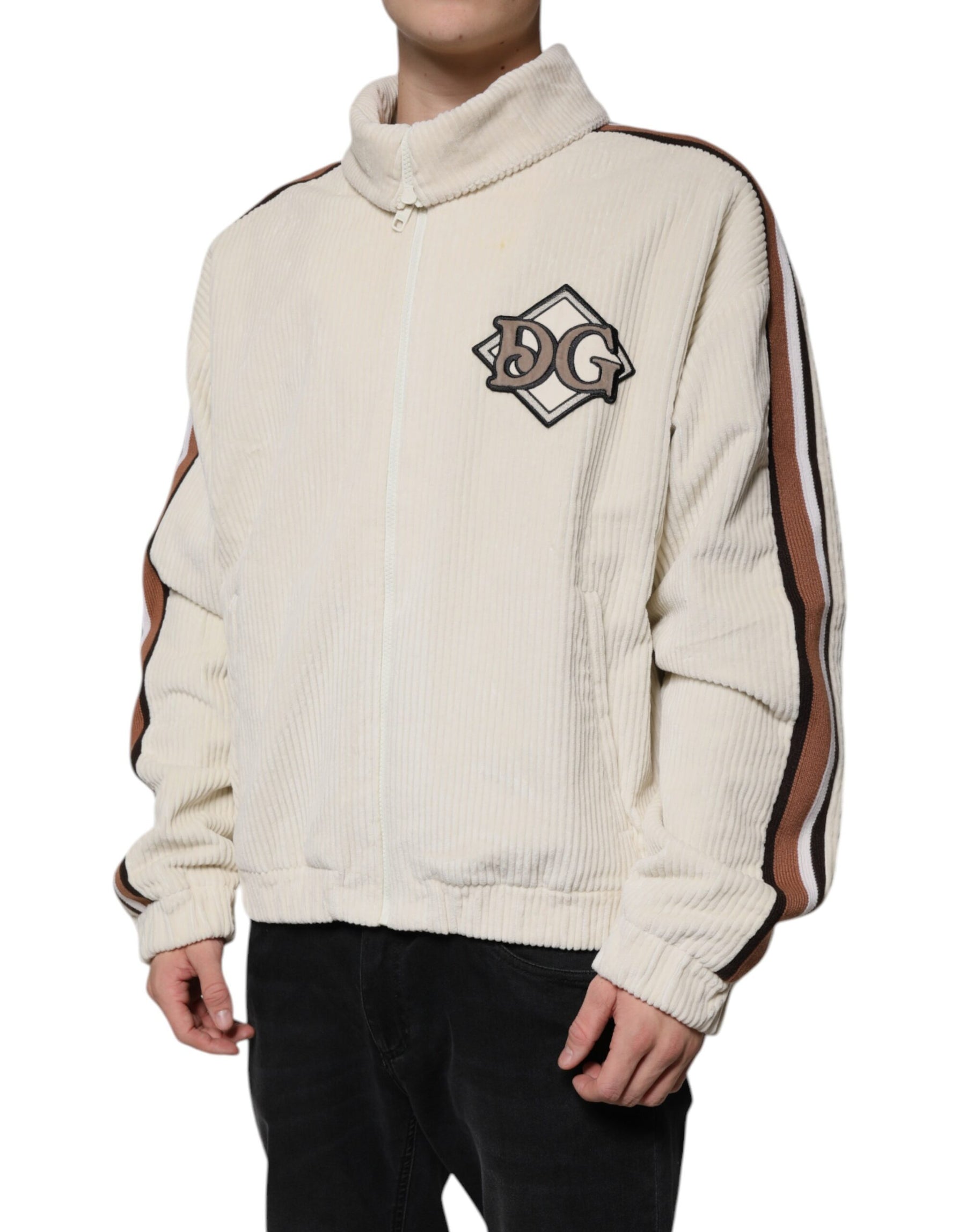Dolce & Gabbana Beige Logo Applique Cotton Corduroy Full Zip Jacket | Regal Royce