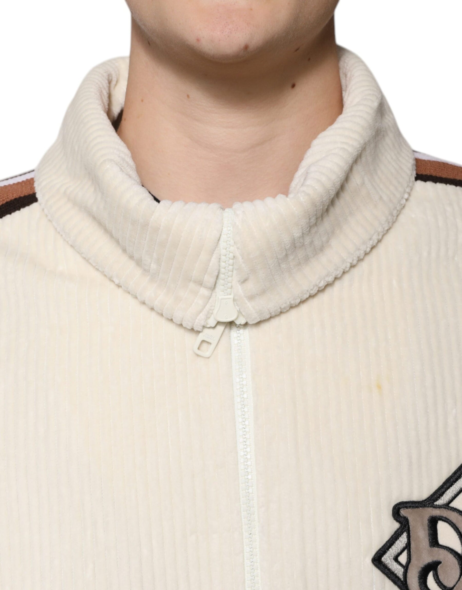 Dolce & Gabbana Beige Logo Applique Cotton Corduroy Full Zip Jacket | Regal Royce