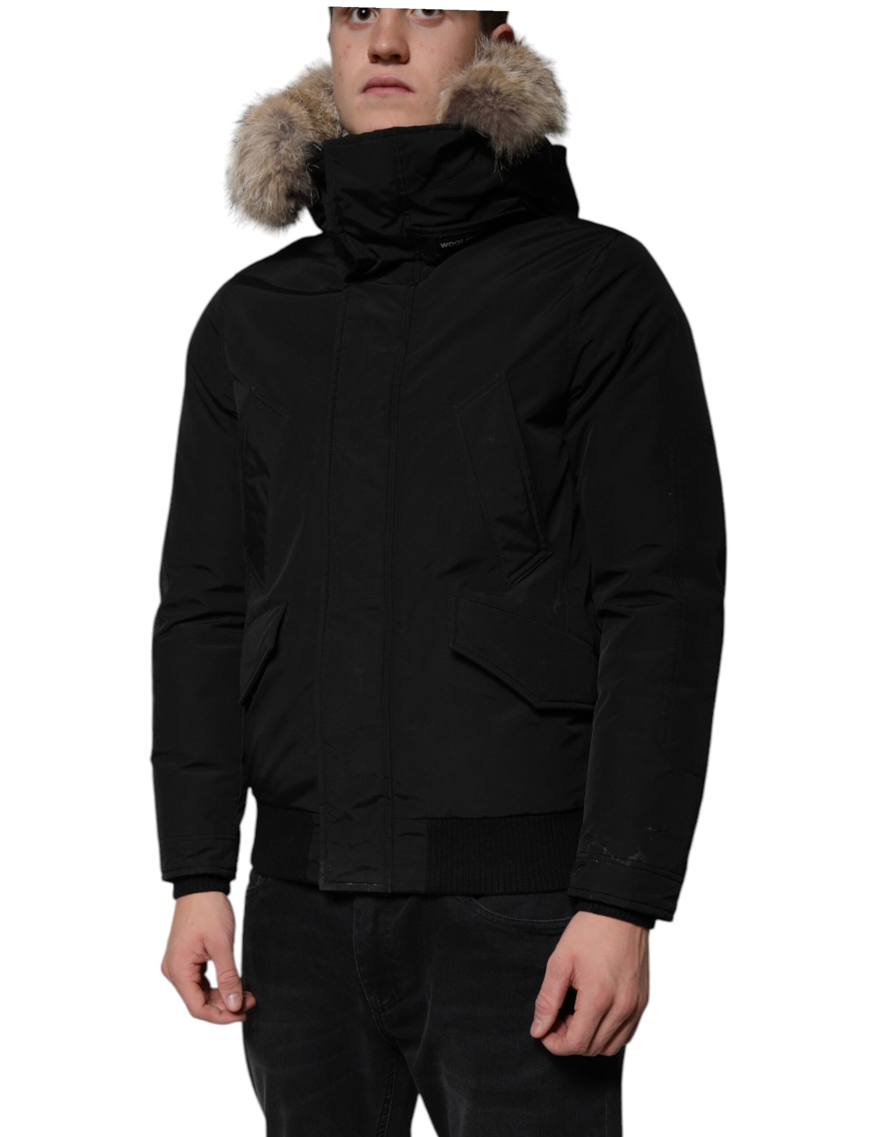 Woolrich Black Hooded Long Sleeves Fur Shearling Coat Jacket | Regal Royce