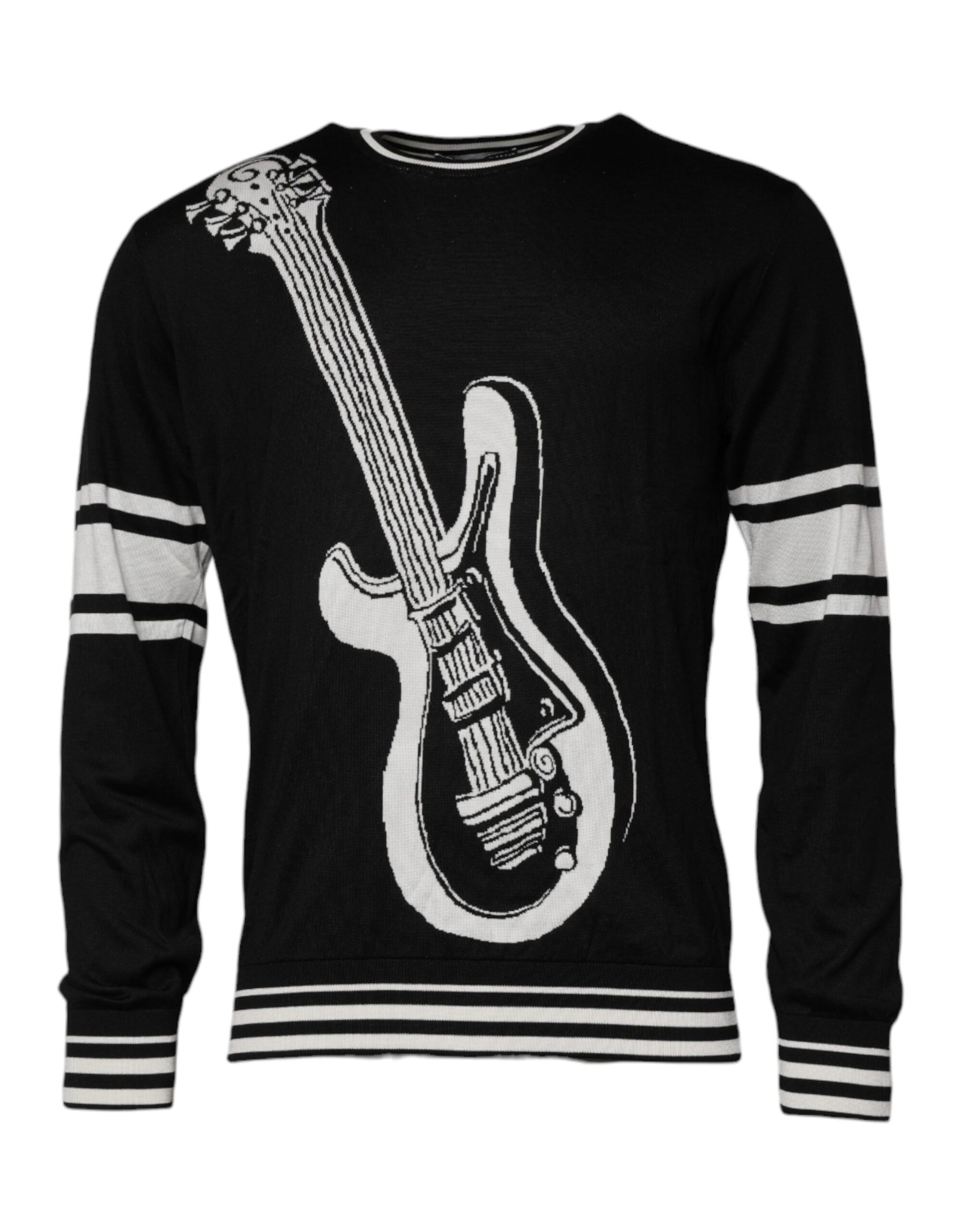 Dolce & Gabbana Black White Guitar Silk Crew Neck Sweater | Regal Royce