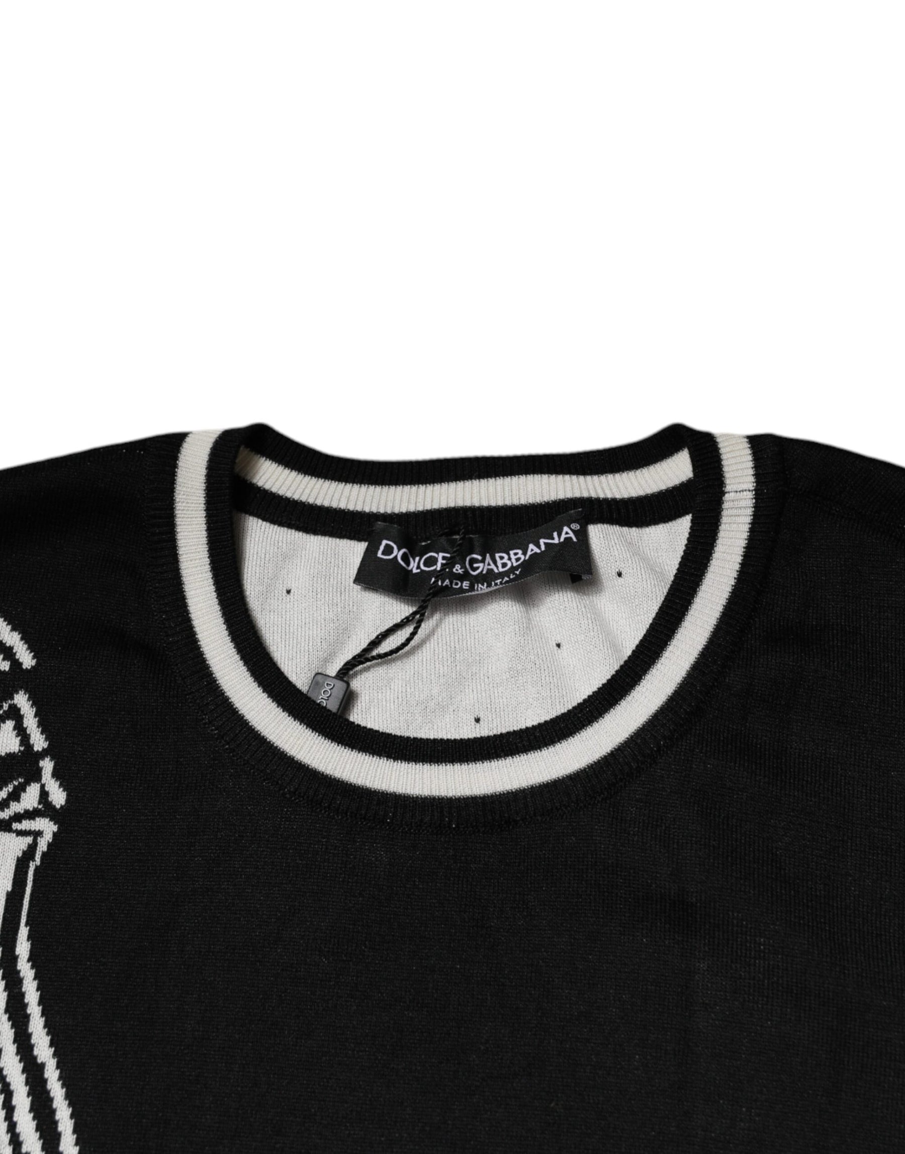 Dolce & Gabbana Black White Guitar Silk Crew Neck Sweater | Regal Royce