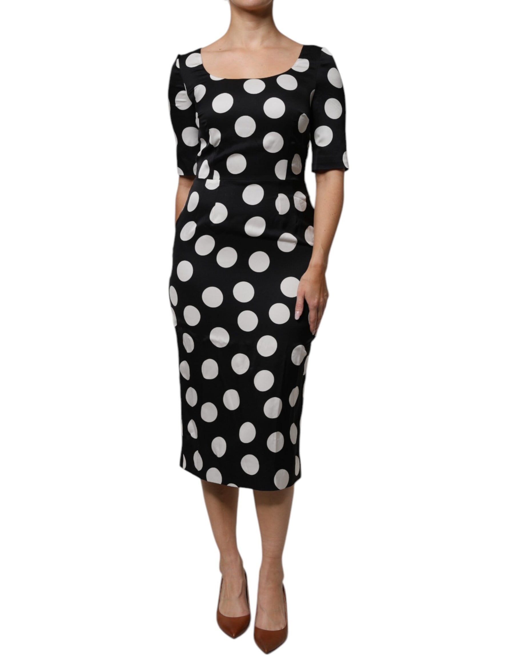 Dolce & Gabbana Black White Silk Polka Dots Sheath Midi Dress | Regal Royce