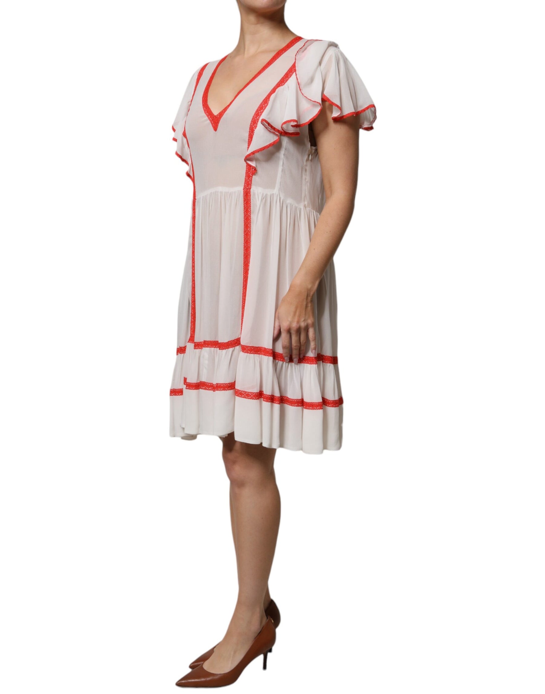 Twinset White Viscose Ruffle Sleeves A-line Pleated Mini Dress | Regal Royce