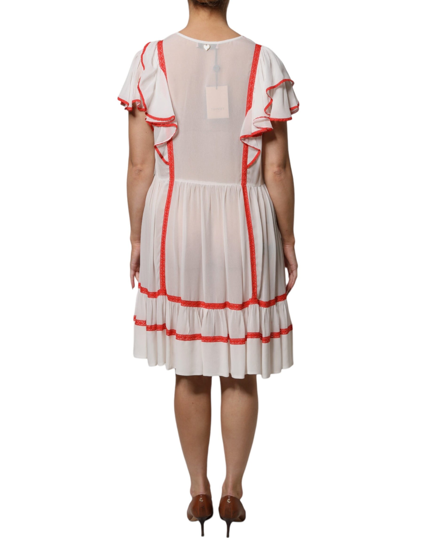 Twinset White Viscose Ruffle Sleeves A-line Pleated Mini Dress | Regal Royce