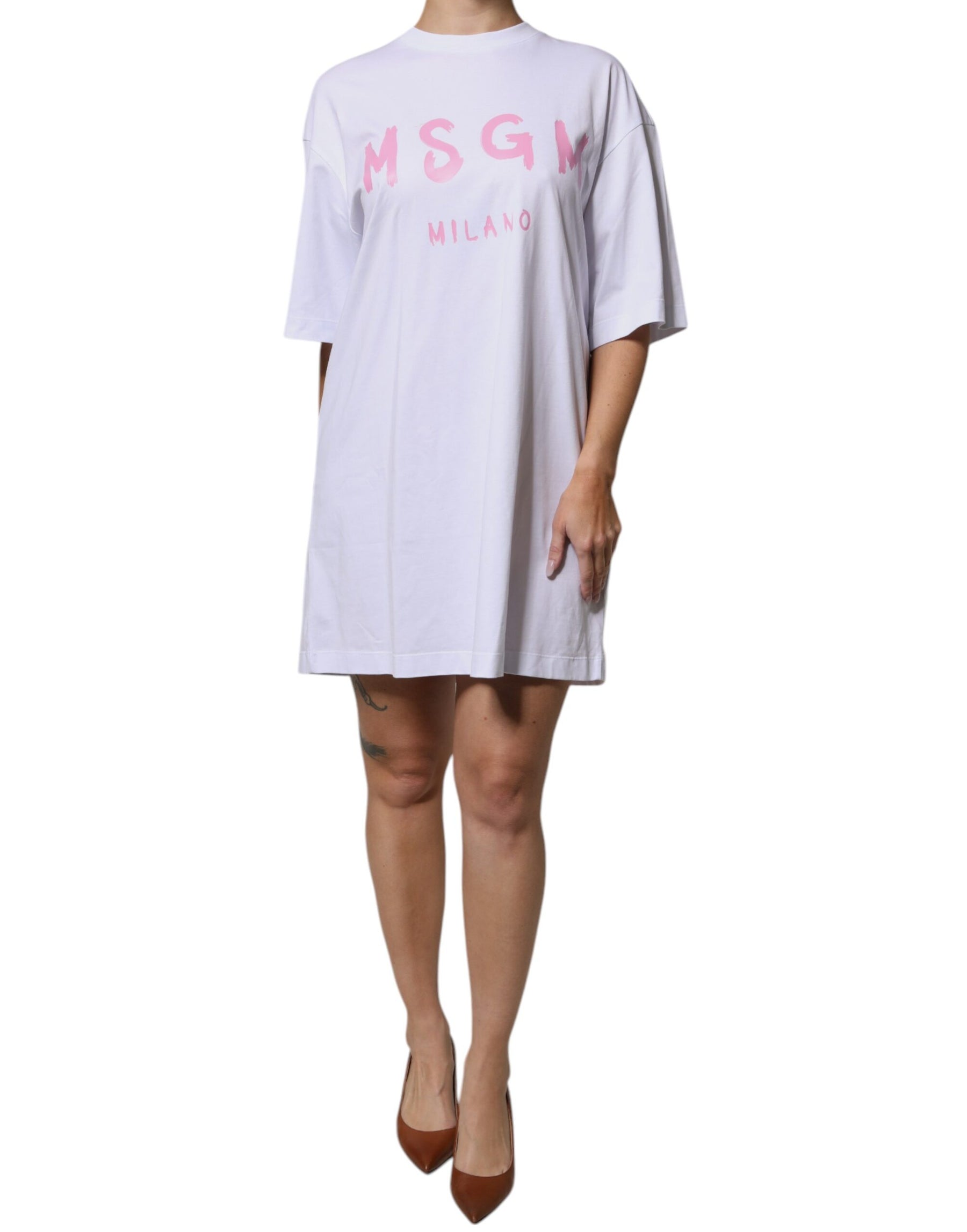 MSGM White Logo Print Cotton T-shirt Short Sleeves Mini Dress | Regal Royce