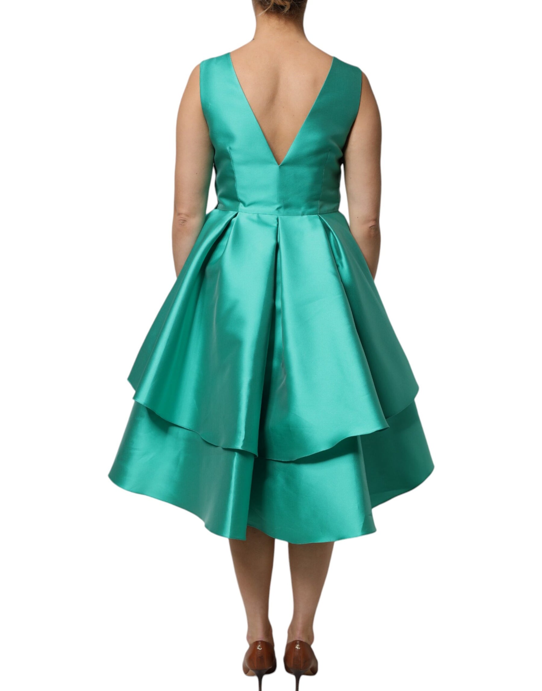 Alberta Ferretti Green Satin Polyester Sleeveless V-neck Layered Dress | Regal Royce