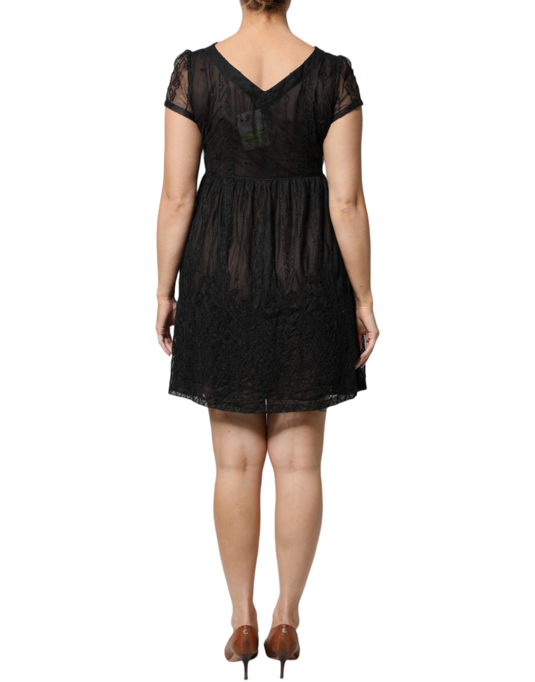 Blugirl Black Short Sleeves Floral Lace Trim A-line Mini Dress | Regal Royce