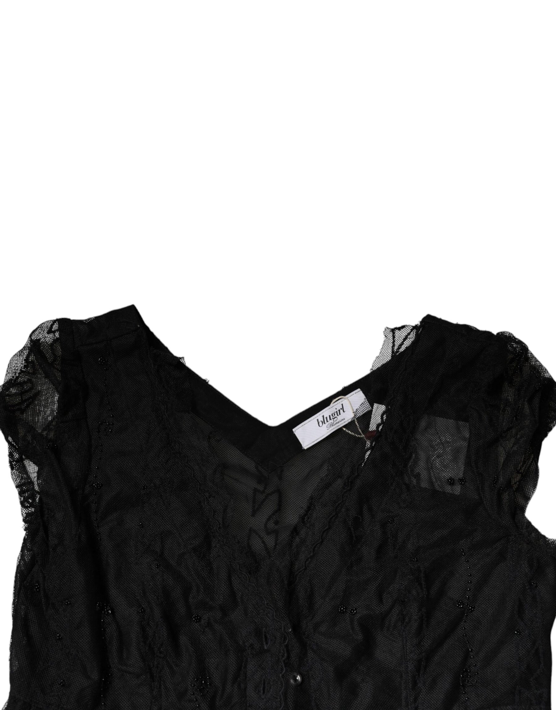 Blugirl Black Short Sleeves Floral Lace Trim A-line Mini Dress | Regal Royce