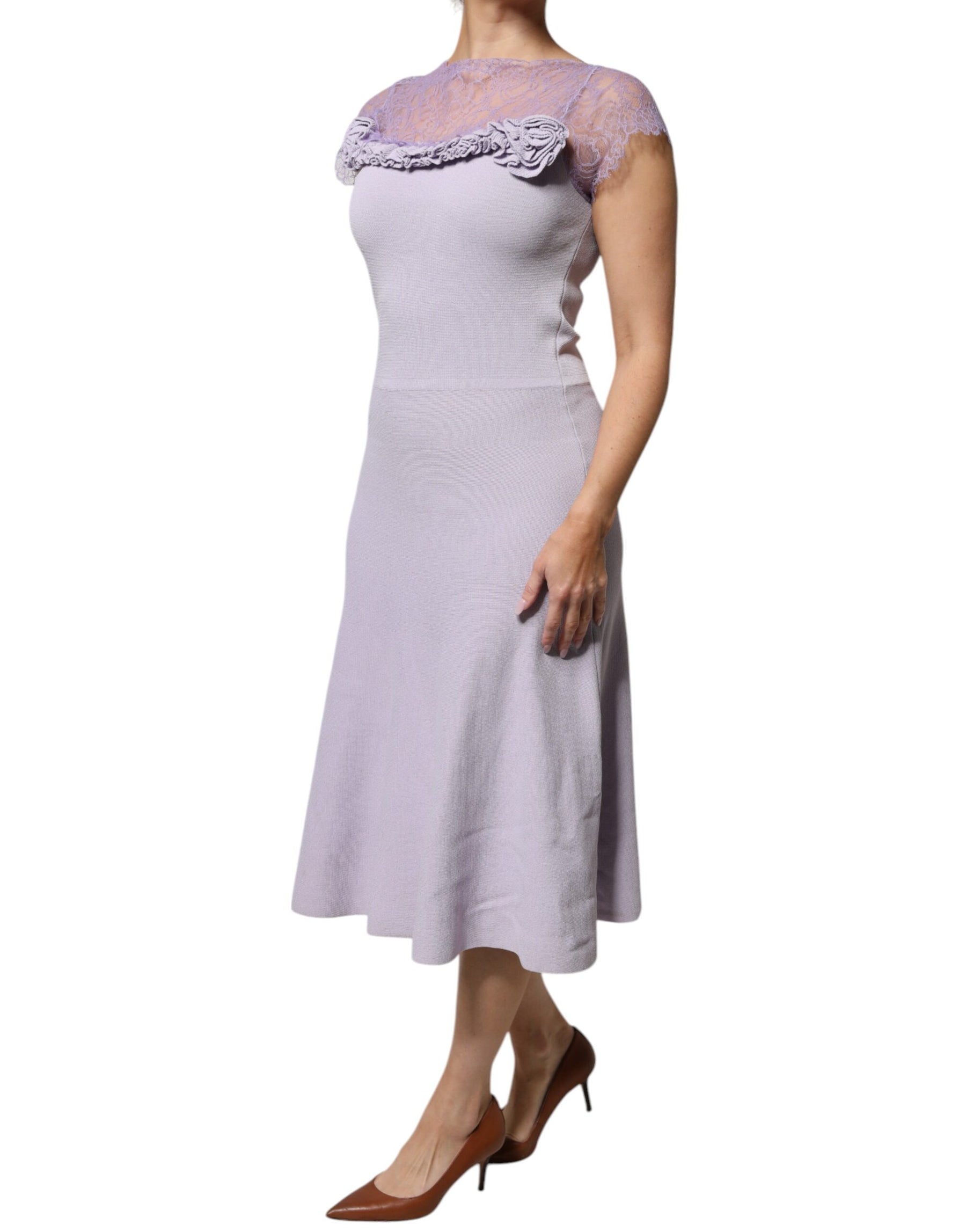 Blumarine Purple Short Sleeves Floral Lace Trim A-line Midi Dress | Regal Royce