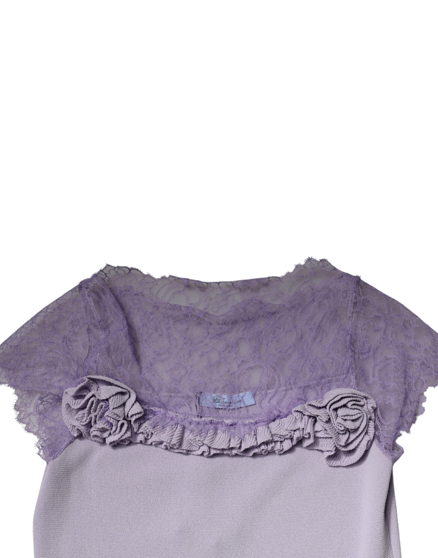 Blumarine Purple Short Sleeves Floral Lace Trim A-line Midi Dress | Regal Royce