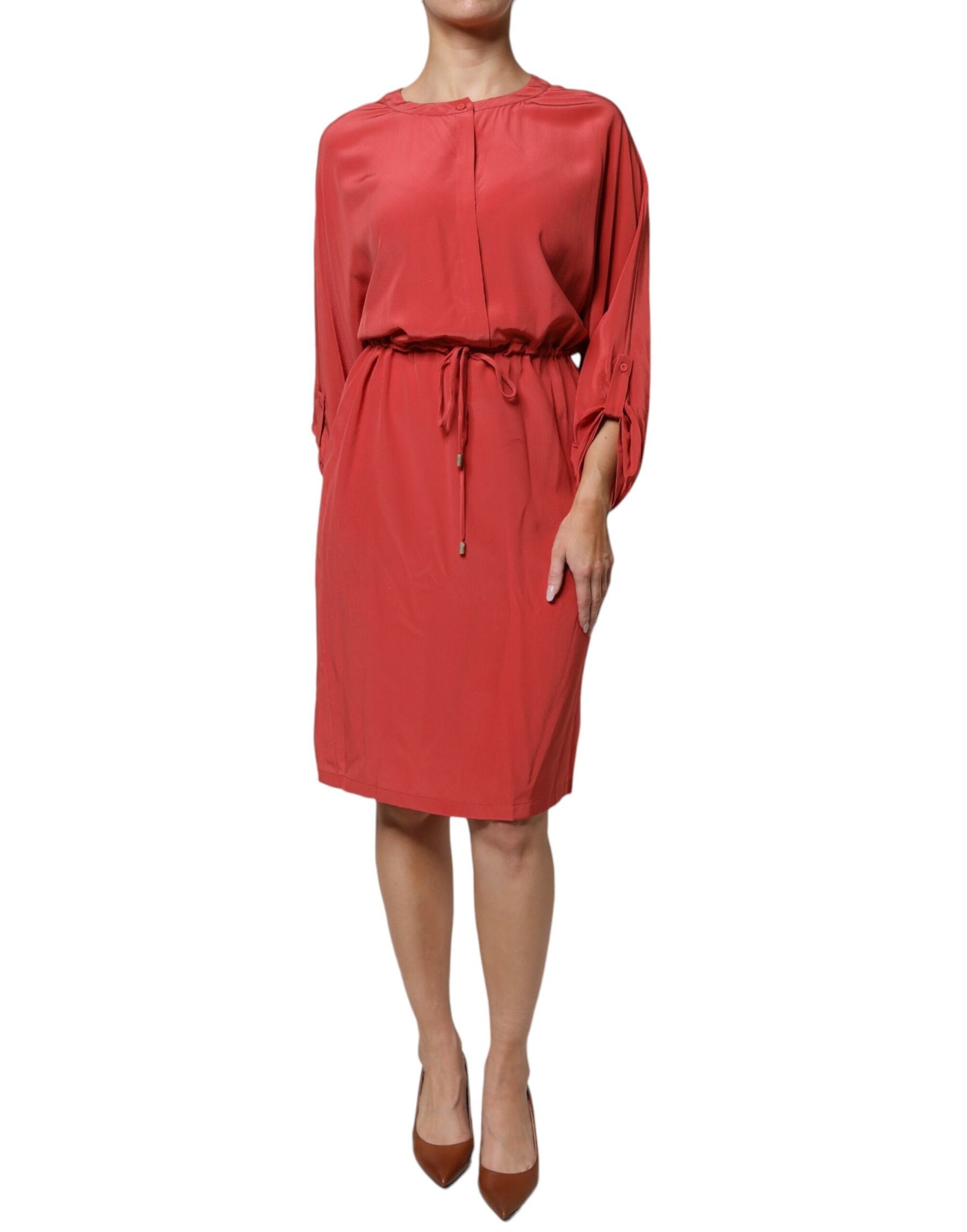 Peserico Red Long Sleeves Pencil Cut Drawstring Waist Dress | Regal Royce