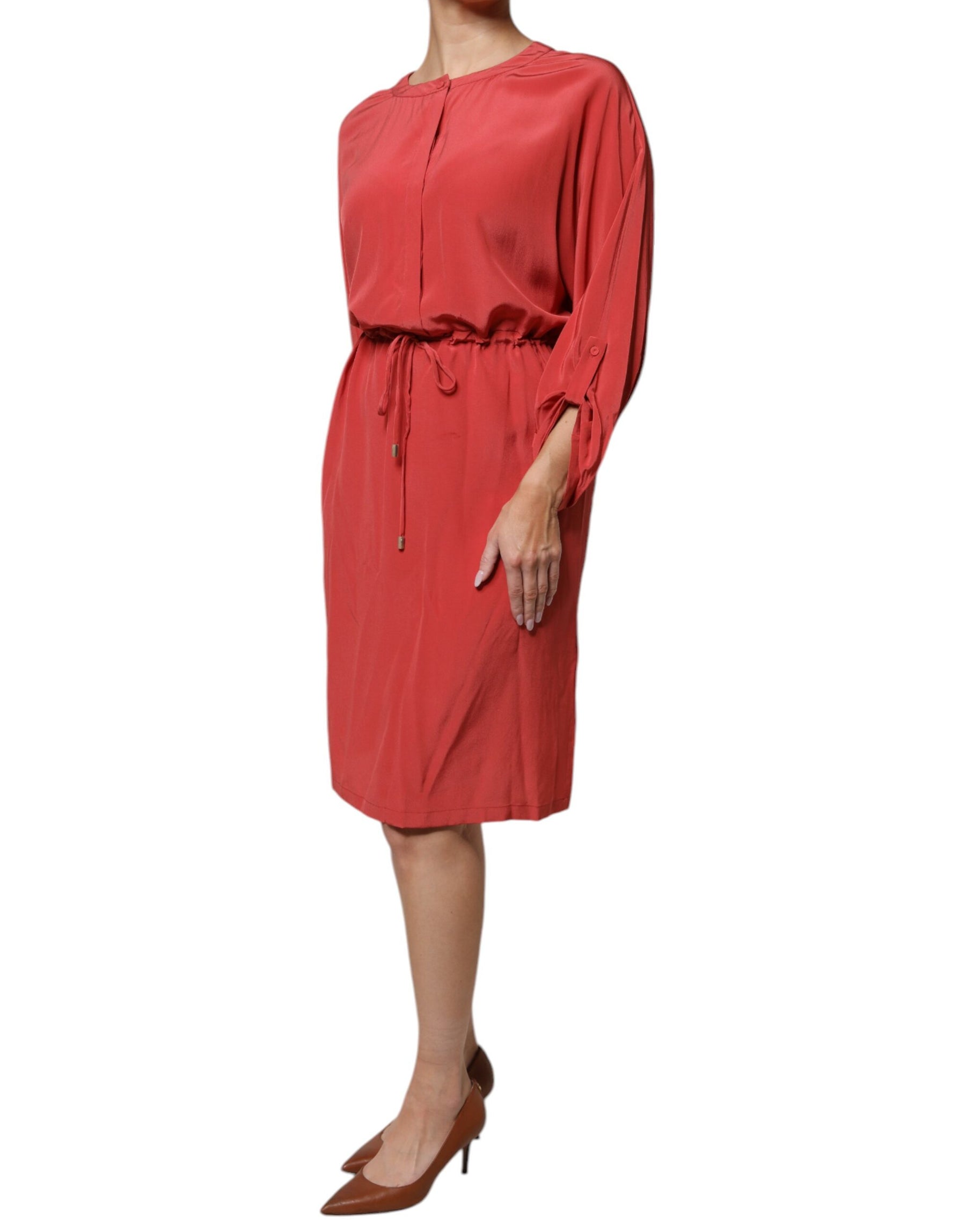 Peserico Red Long Sleeves Pencil Cut Drawstring Waist Dress | Regal Royce