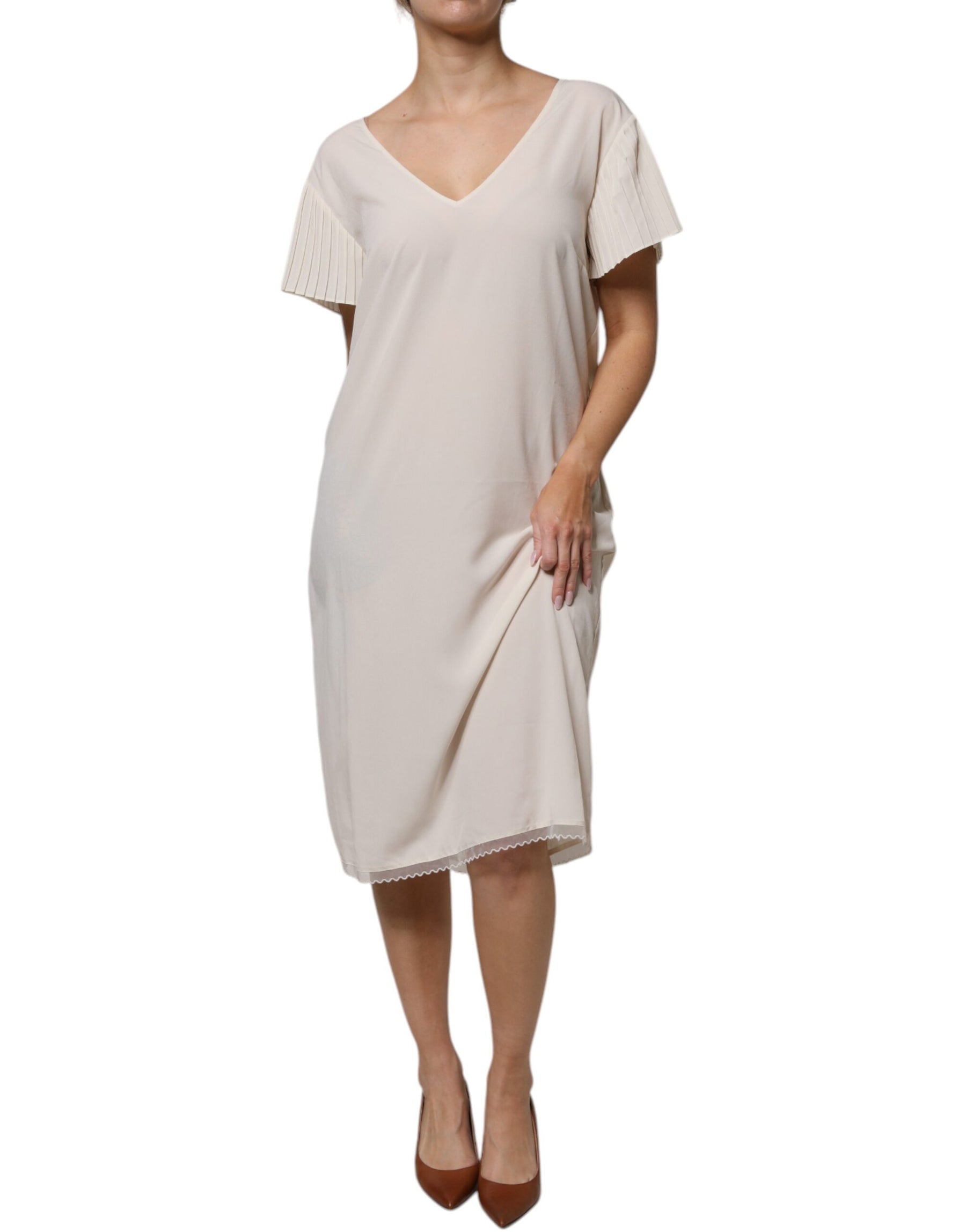 Peserico Off White Short Sleeves V-neck Shift Midi Dress | Regal Royce