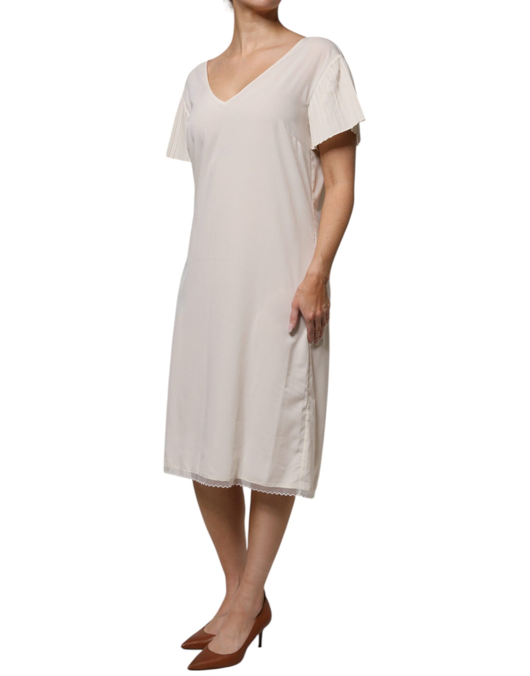 Peserico Off White Short Sleeves V-neck Shift Midi Dress | Regal Royce