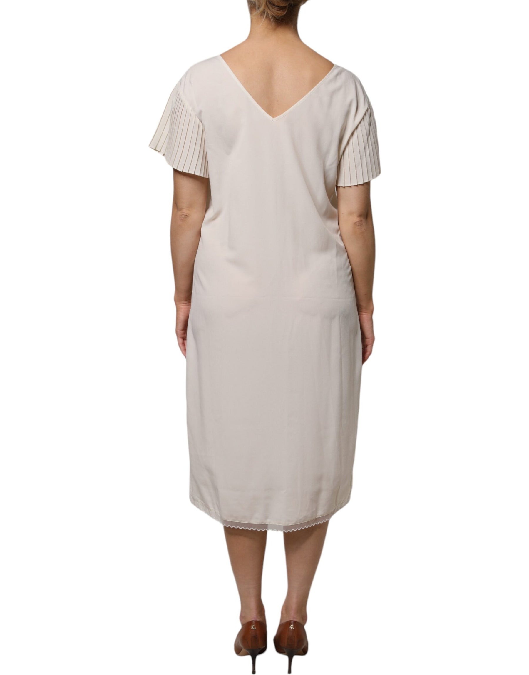 Peserico Off White Short Sleeves V-neck Shift Midi Dress | Regal Royce