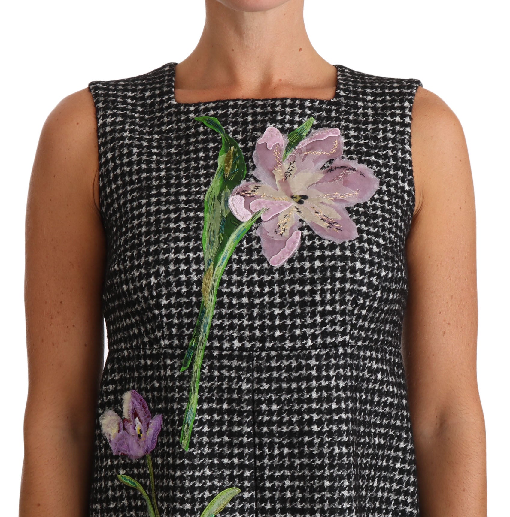Dolce & Gabbana Gray Houndstooth Floral Appliqué Shift Mini Dress | Regal Royce