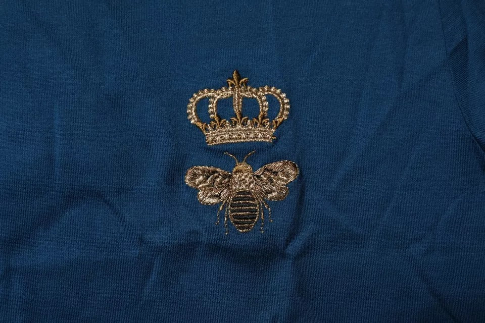Dolce & Gabbana Blue Crown Bee Cotton Men Crew Neck T-shirt | Regal Royce