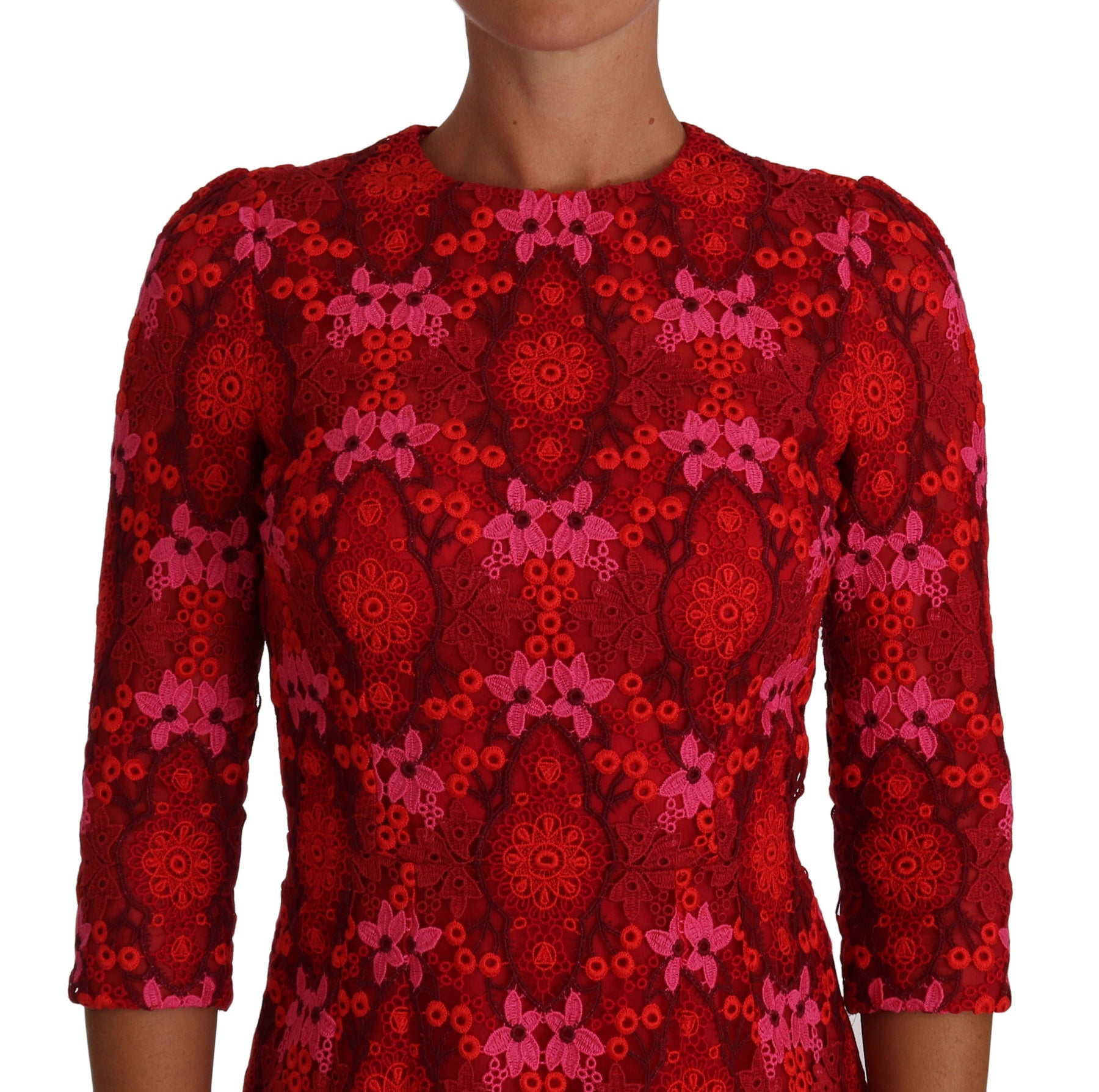 Dolce & Gabbana Floral Crochet Lace Red Pink Sheath Dress | Regal Royce