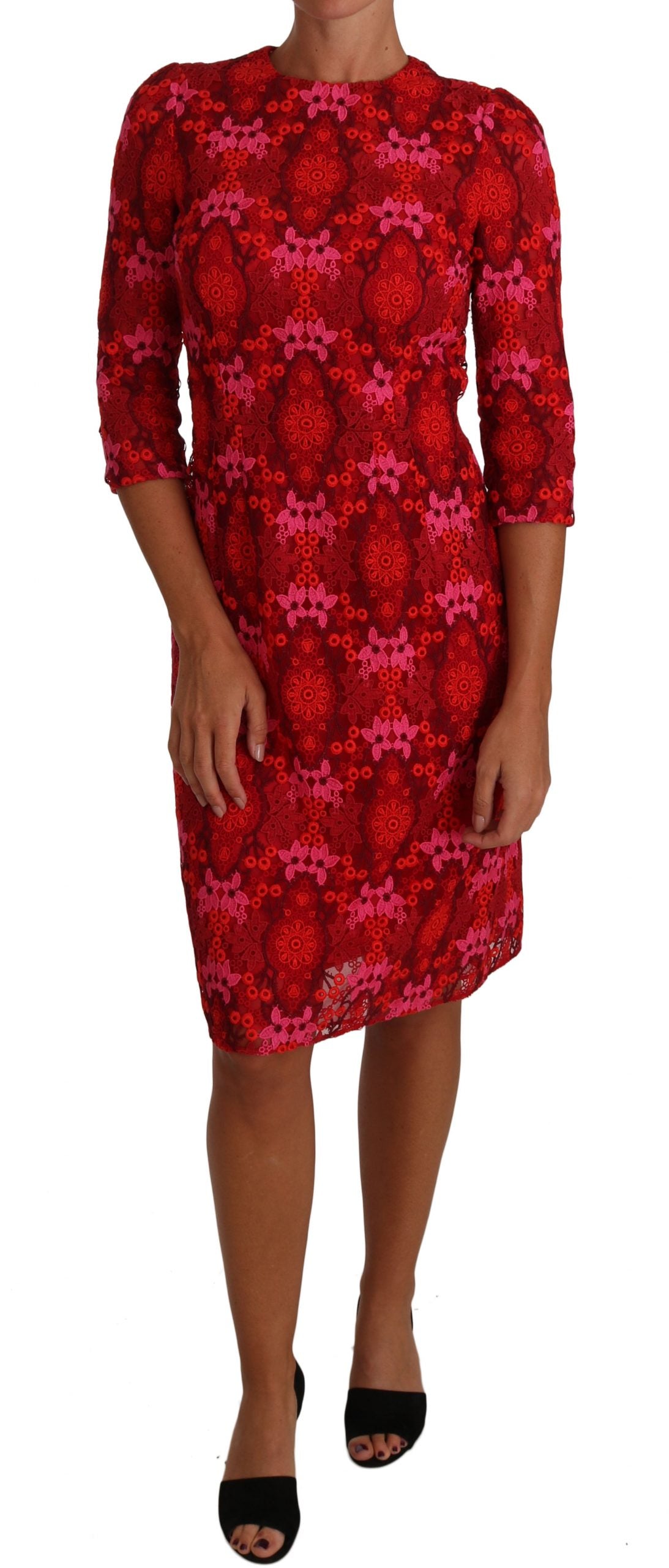 Dolce & Gabbana Floral Crochet Lace Red Pink Sheath Dress | Regal Royce