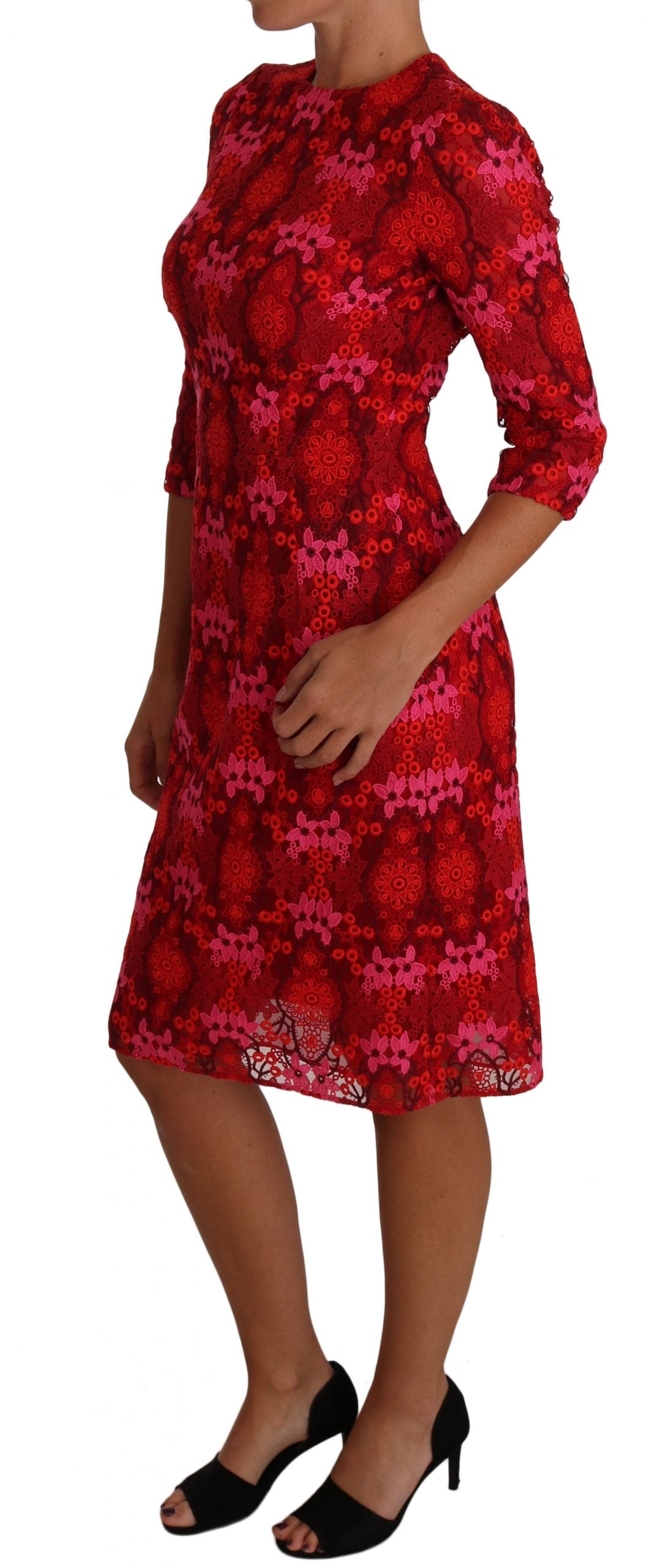 Dolce & Gabbana Floral Crochet Lace Red Pink Sheath Dress | Regal Royce