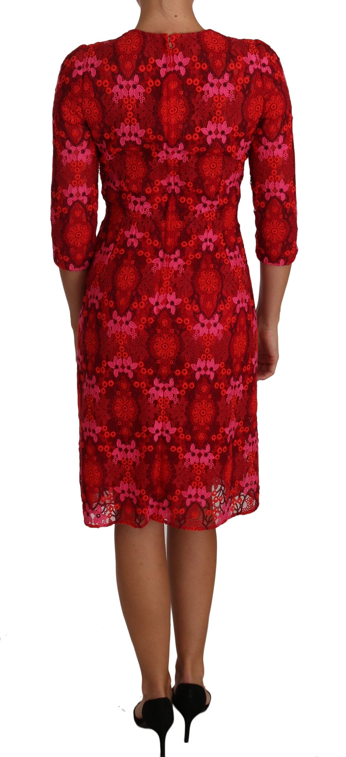 Dolce & Gabbana Floral Crochet Lace Red Pink Sheath Dress | Regal Royce