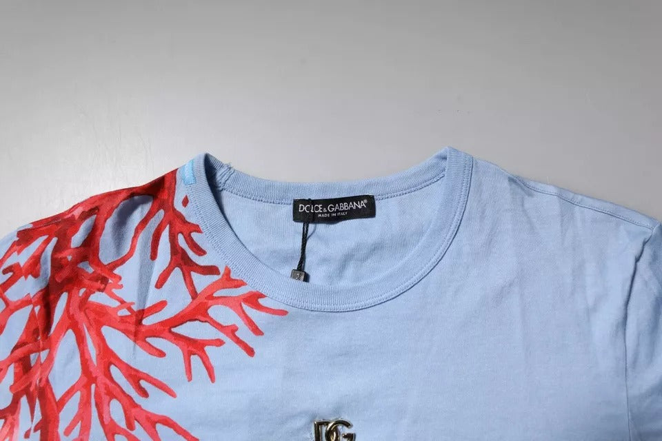 Dolce & Gabbana Light Blue Coral Cotton Men Crew Neck T-shirt | Regal Royce