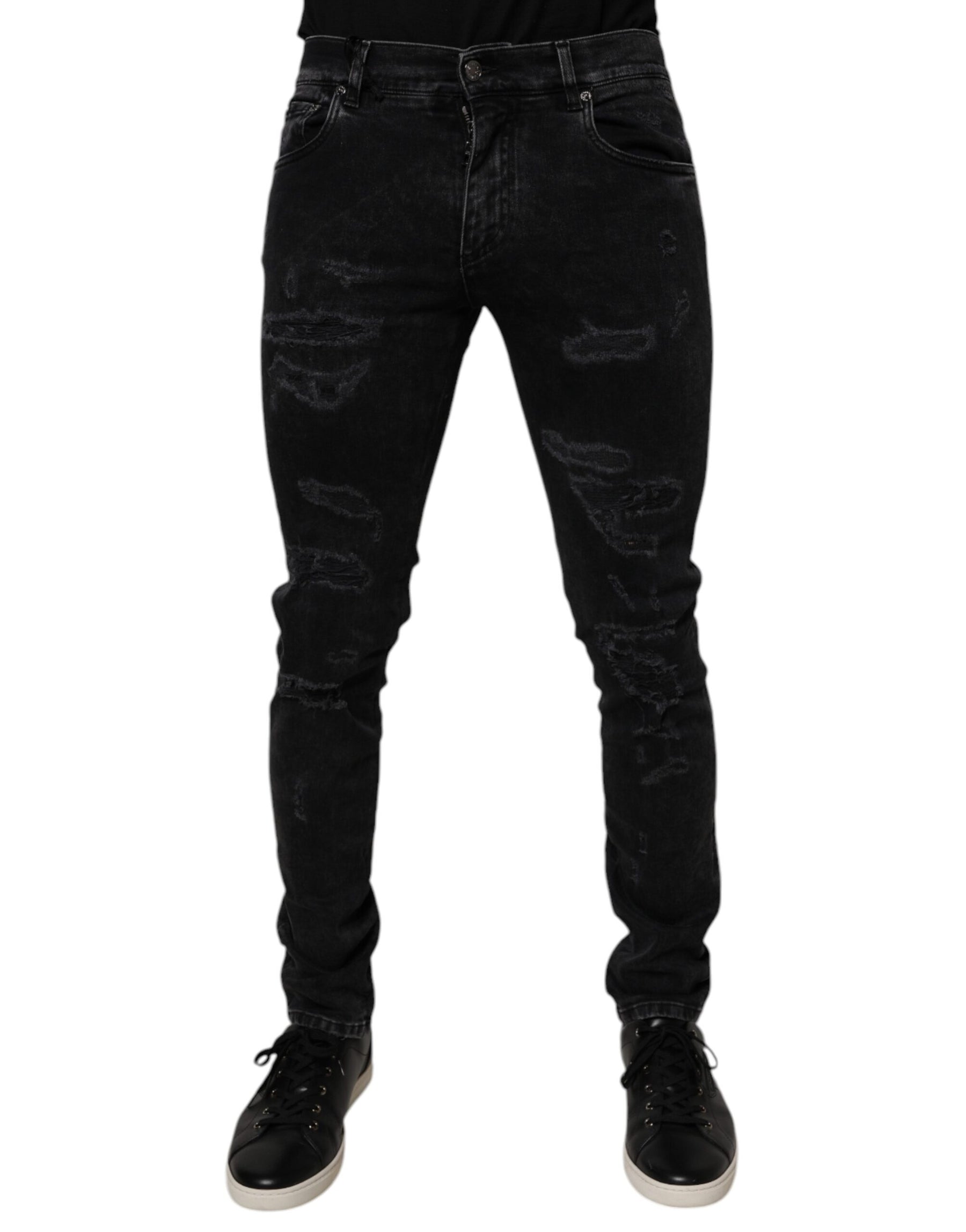 Dolce & Gabbana Black Tattered Cotton Skinny Men Denim Jeans | Regal Royce