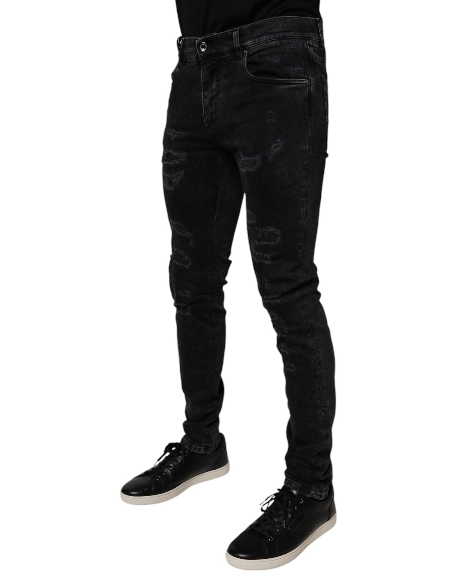 Dolce & Gabbana Black Tattered Cotton Skinny Men Denim Jeans | Regal Royce