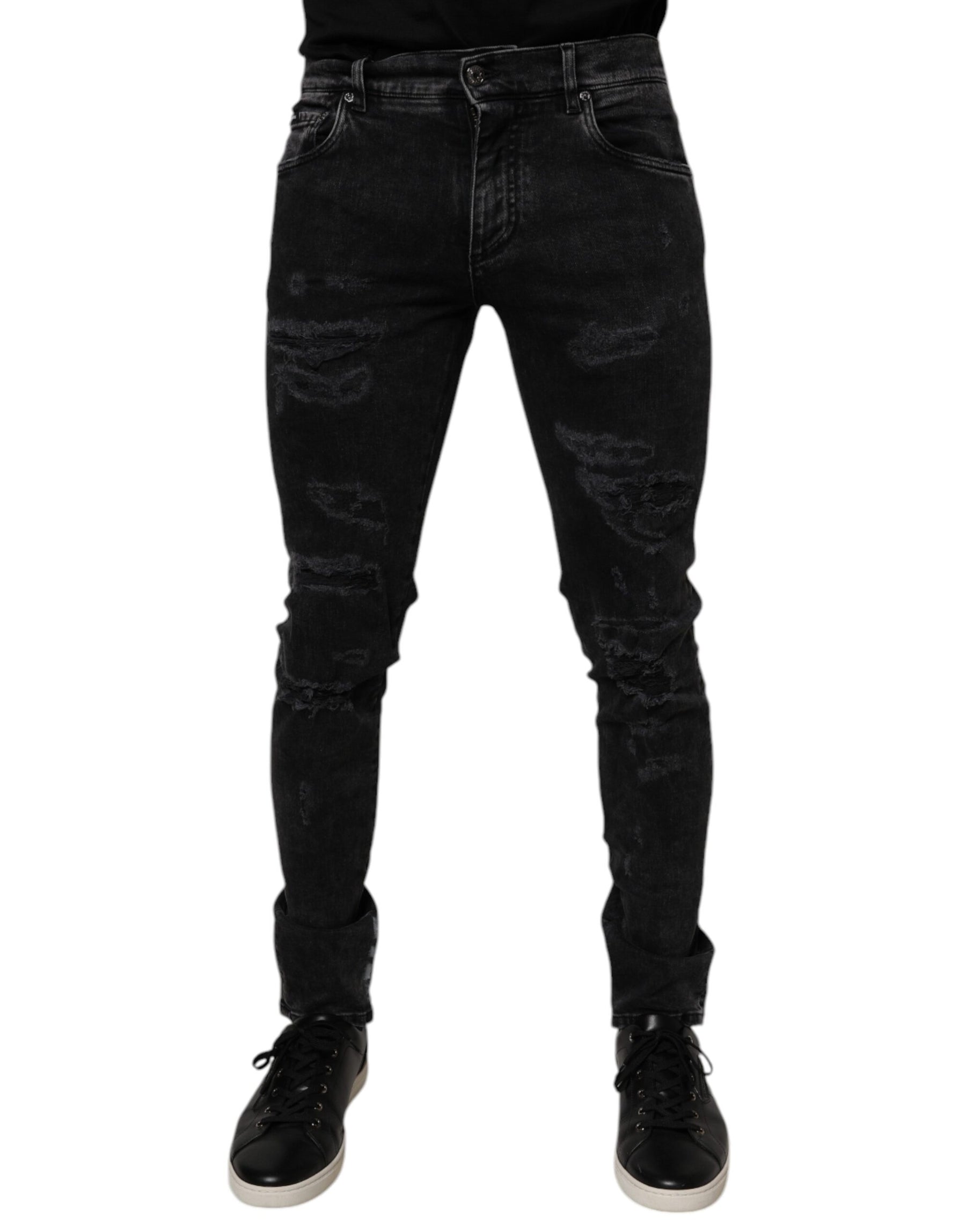 Dolce & Gabbana Black Tattered Cotton Skinny Men Denim Jeans | Regal Royce