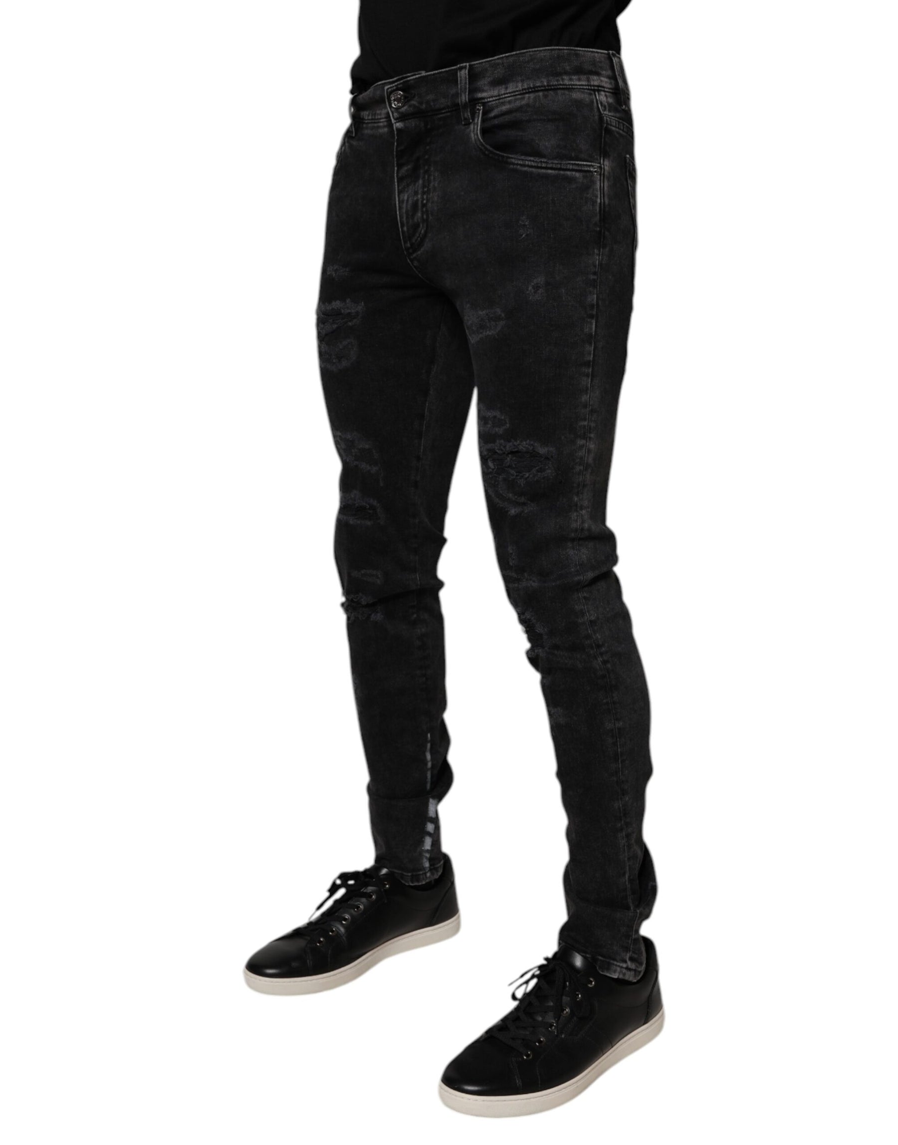 Dolce & Gabbana Black Tattered Cotton Skinny Men Denim Jeans | Regal Royce